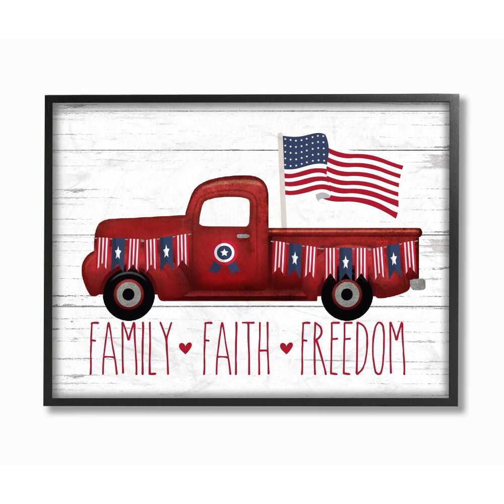 Stupell Industries Rustic Faith Family Freedom Patriotic Quote Americana Truck Framed Wall Art Design by Lettered and Lined, 11" x 14", Black Framed