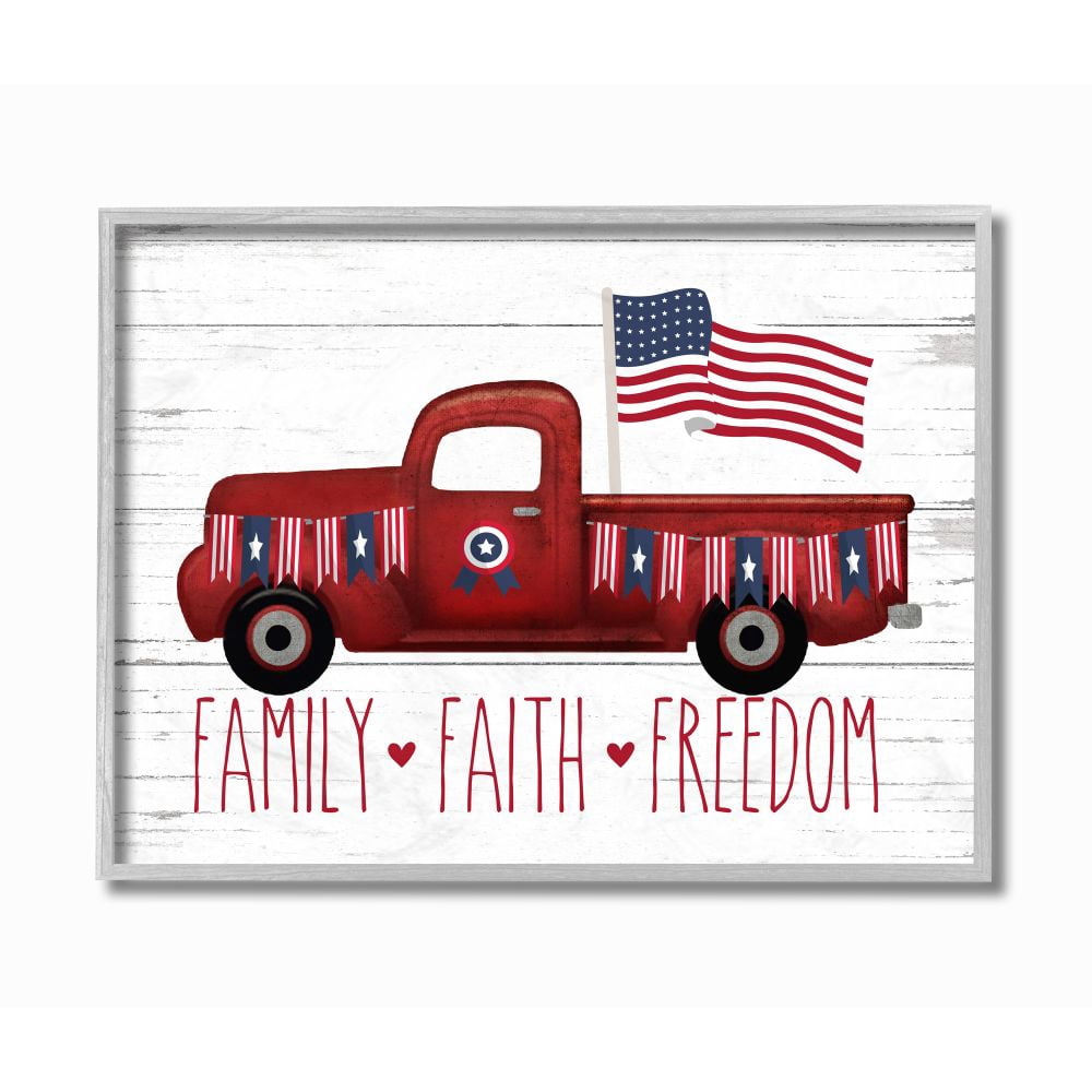 Stupell Industries Rustic Faith Family Freedom Patriotic Quote Americana Truck Framed Wall Art Design by Lettered and Lined, 16" x 20", Gray Framed