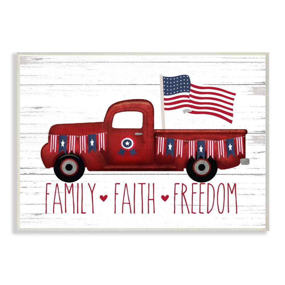 Stupell Industries Rustic Faith Family Freedom Patriotic Quote Americana Truck Wall Plaque Design by Lettered and Lined