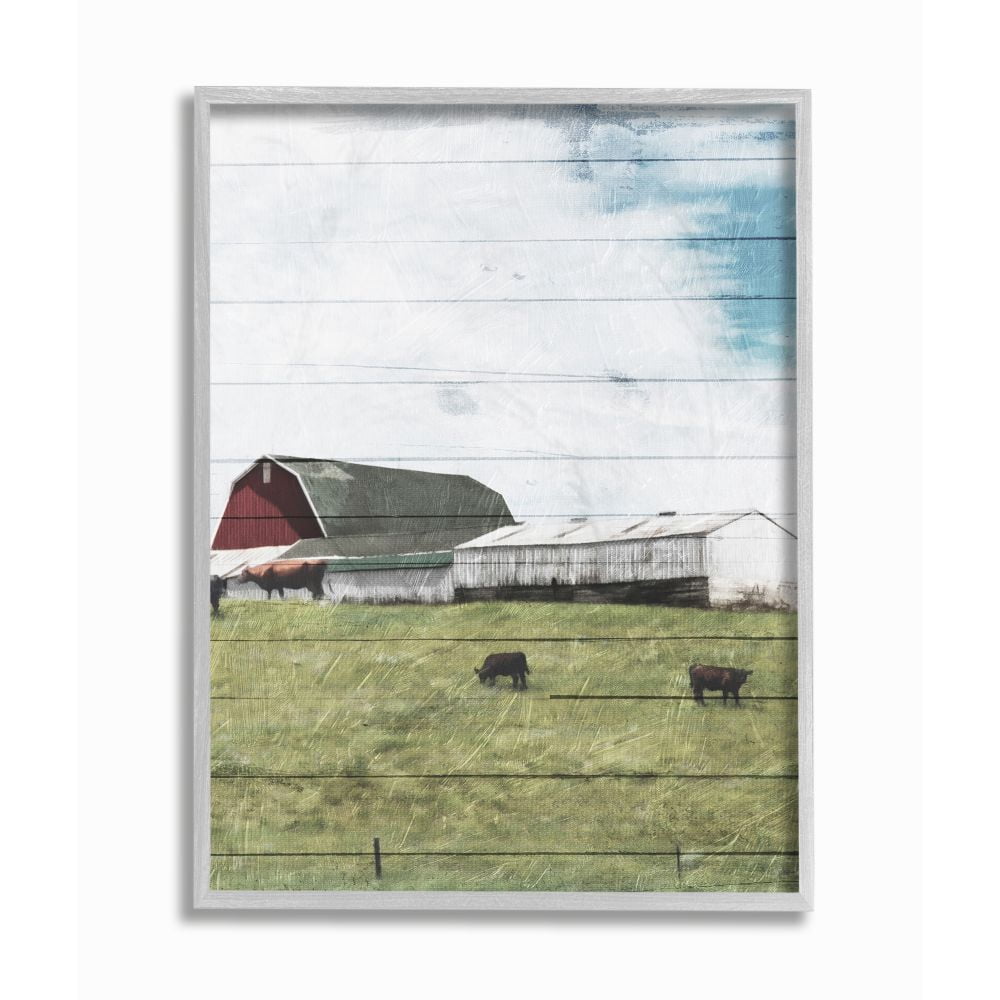 Stupell Industries Rustic Farm Landscape Wood Textured Painting Gray Farmhouse Rustic Framed Giclee Texturized Art by Milli Villa
