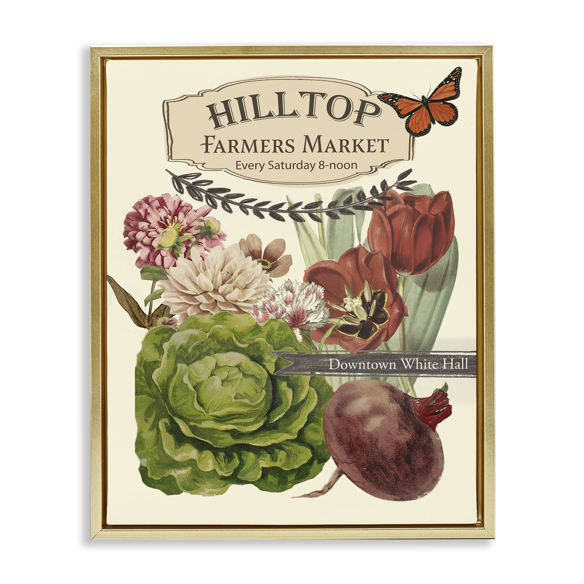 Stupell Industries Rustic Farmers Market Goods Plants & Flowers Painting Gold Floater Framed Canvas Art Print Wall Art, 25 x 31