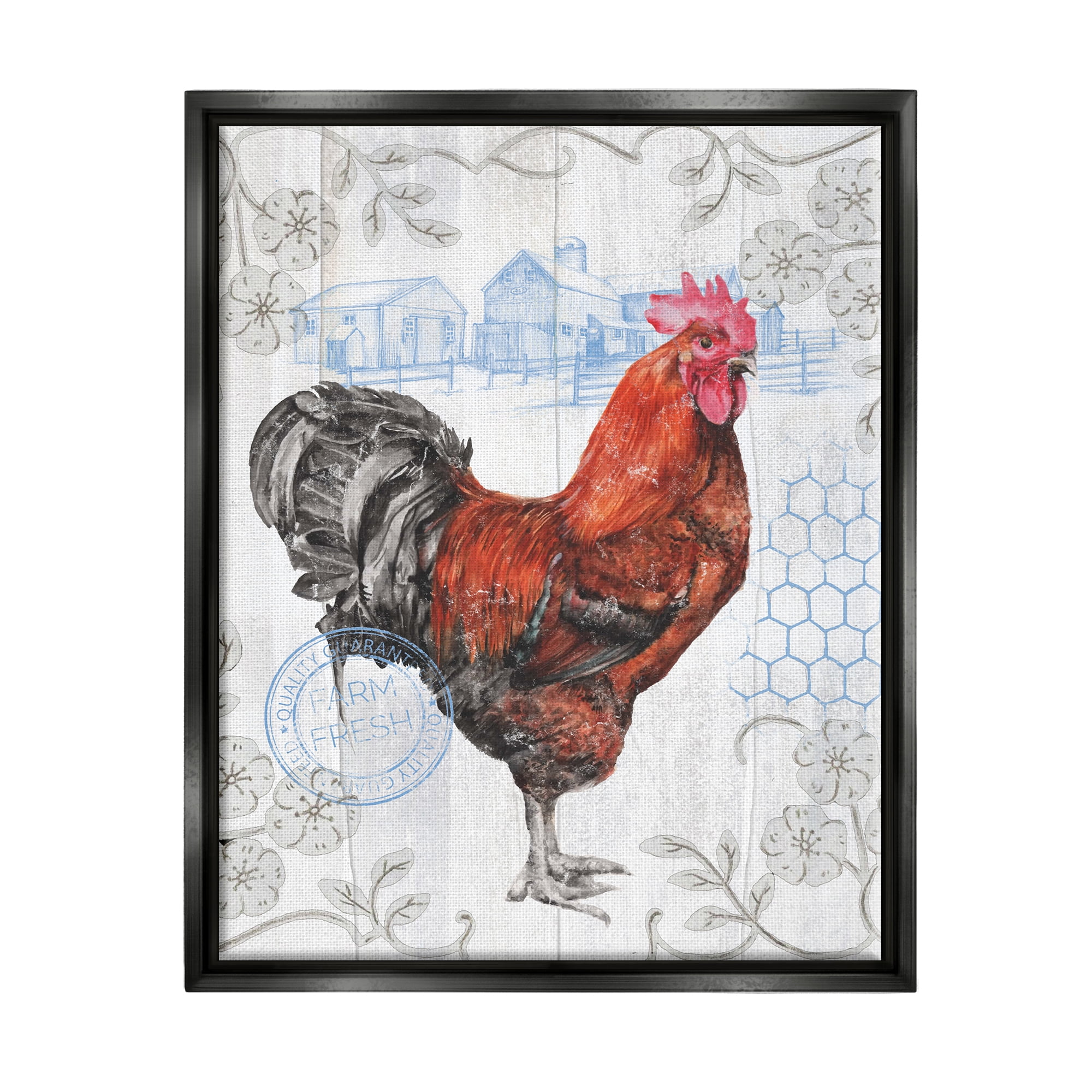 Rustic Farmhouse Rooster Print on Canvas with Black Frame, 17 x 21