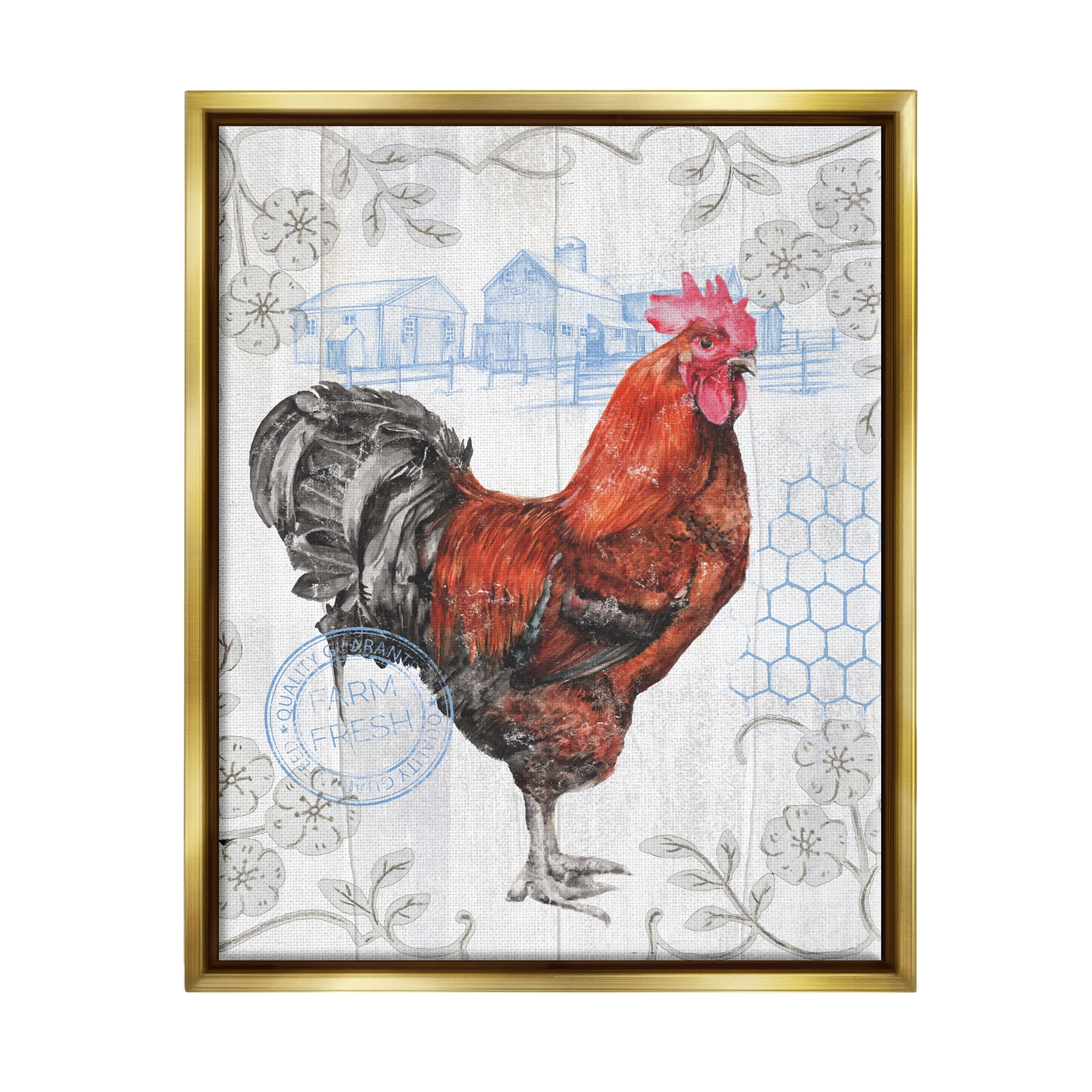 Stupell Industries Rustic Farmhouse Rooster Animals & Insects Painting Gold Floater Framed Canvas Art Print Wall Art, 25 x 31