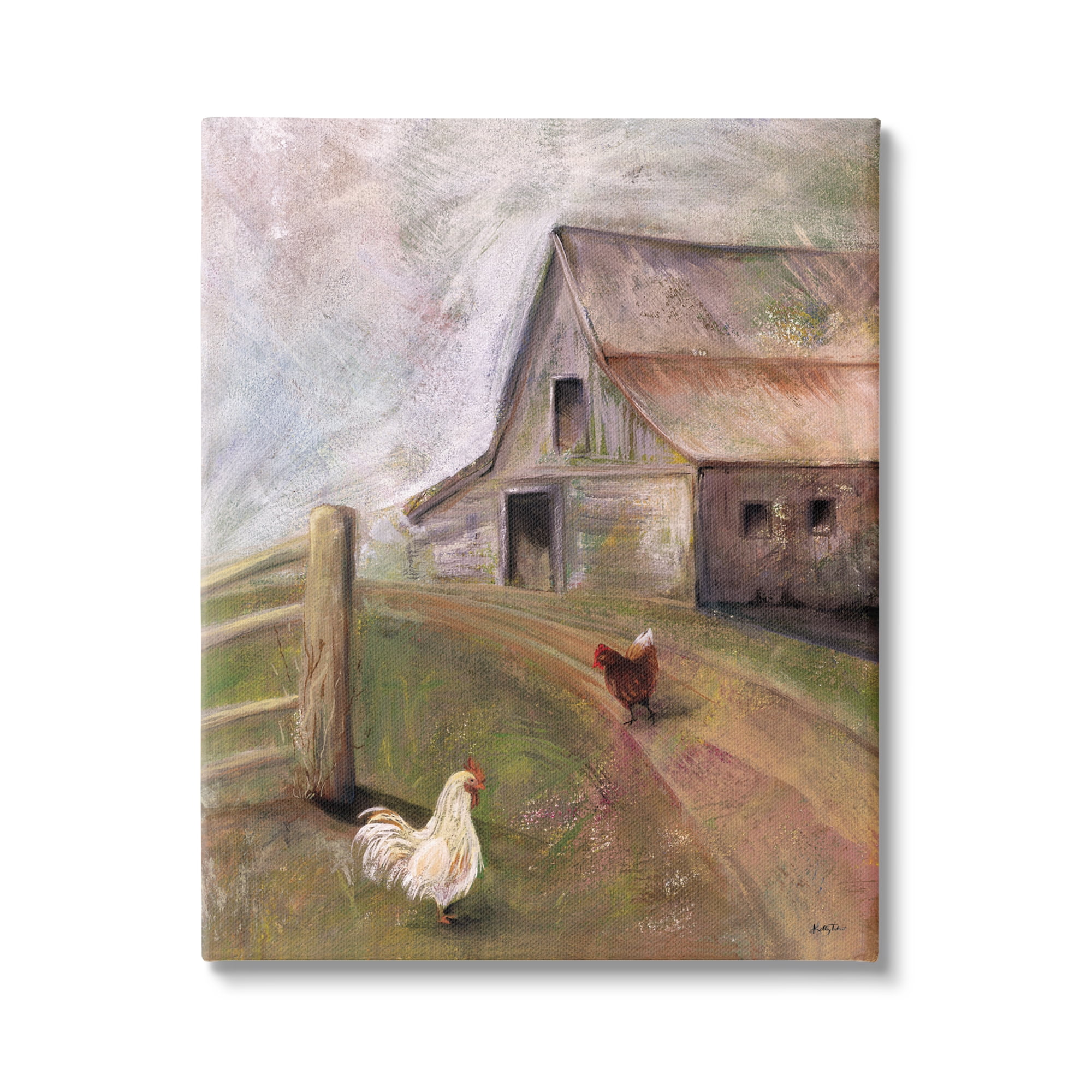 Stupell Industries Rustic Farmland Chickens Roaming Country Road Barn Farmhouse Painting Gallery-Wrapped Canvas Print Wall Art, 36 x 48, Design by Kelley Talent