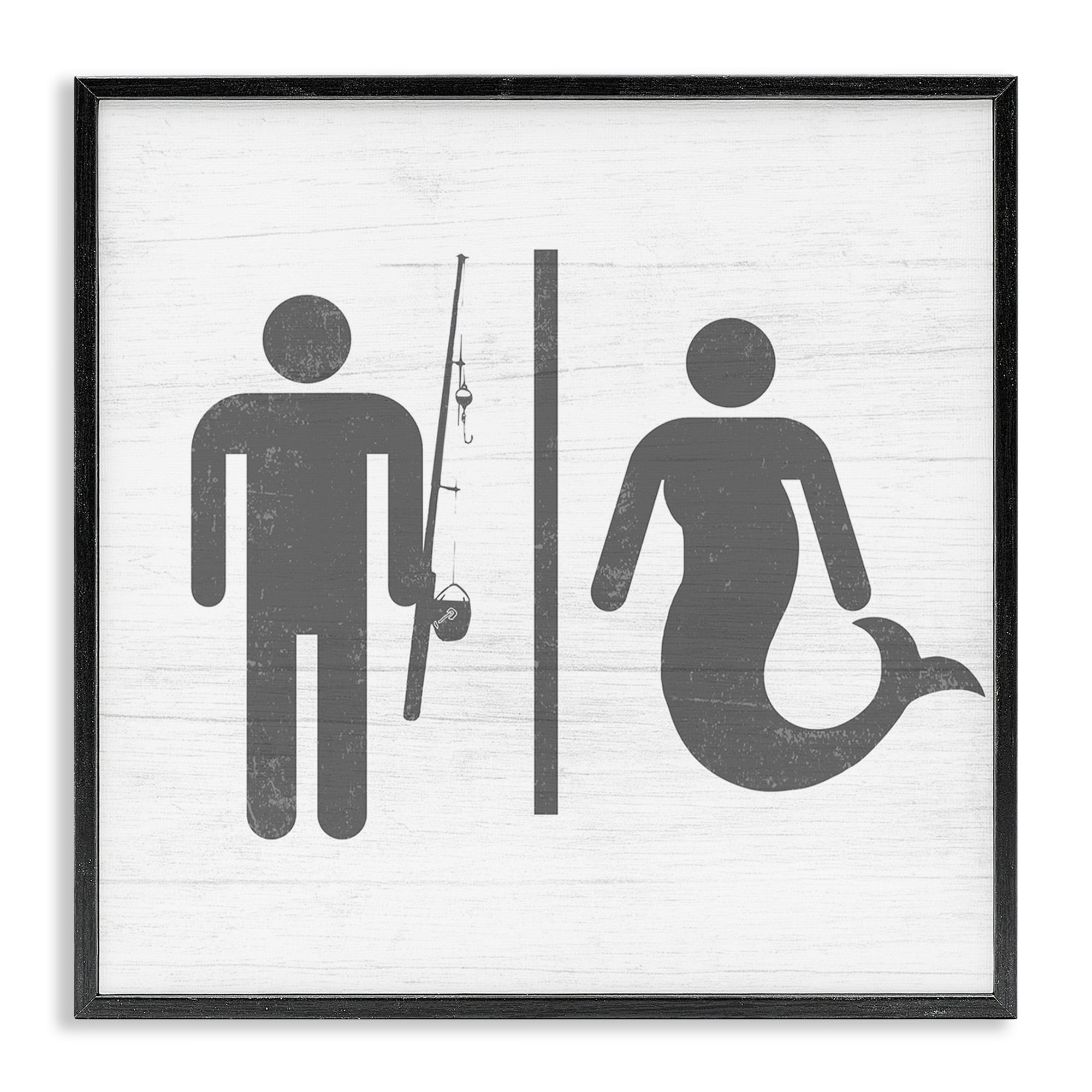 Stupell Industries Rustic Fisherman or Mermaid Bathroom Sign Grey White Framed Wall Art Design by Daphne Polselli, 12" x 12", Black Framed