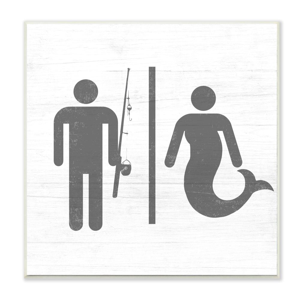 Stupell Industries Rustic Fisherman or Mermaid Bathroom Sign Grey White Wall Plaque Design by Daphne Polselli, 12" x 12"