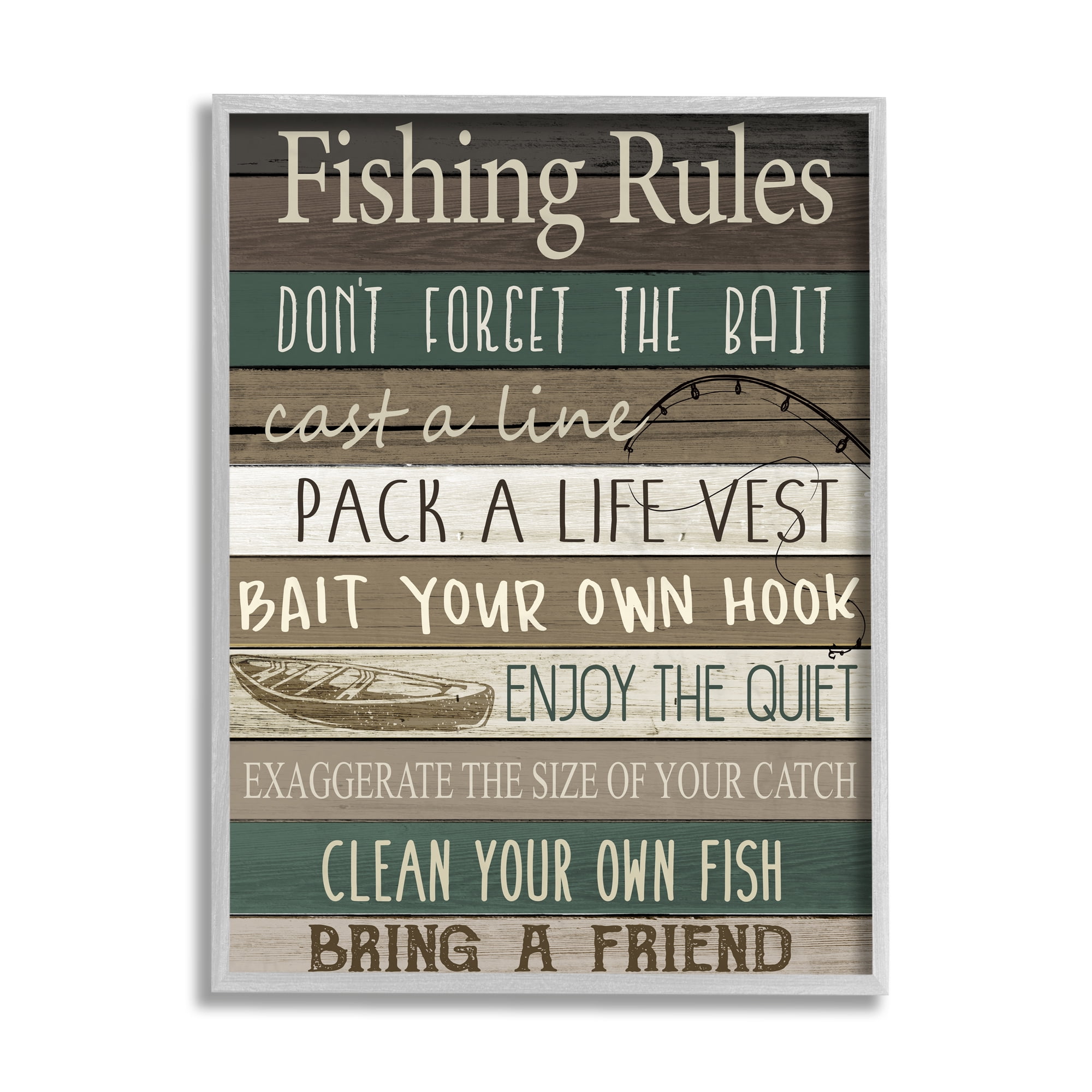 Stupell Industries Rustic Fishing Rules Sign Brown Green Beige Gray Framed by Kim Allen