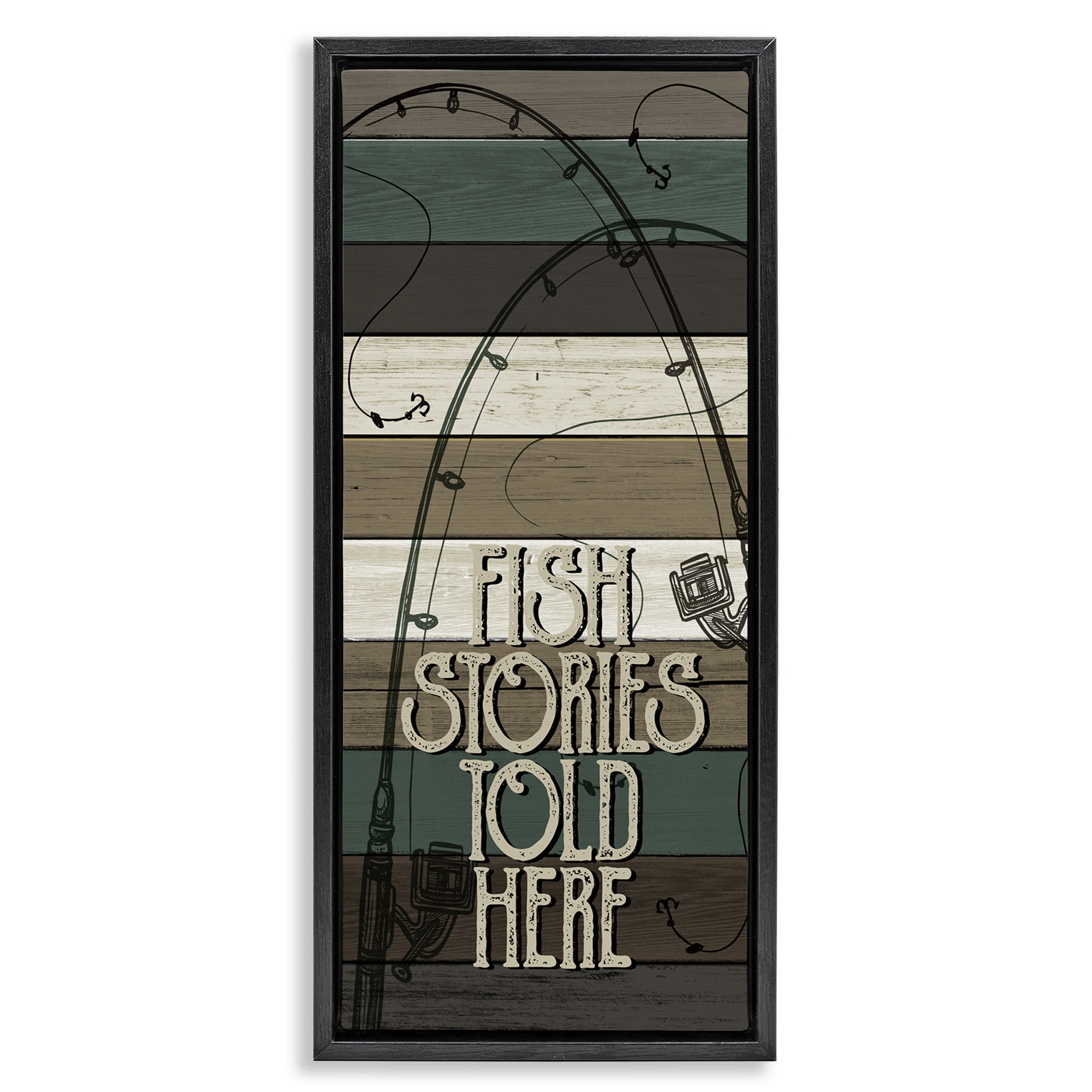 Stupell Industries Rustic Fishing Stories Phrase Inspirational Painting Black Floater Framed Canvas Art Print Wall Art, 11 x 25