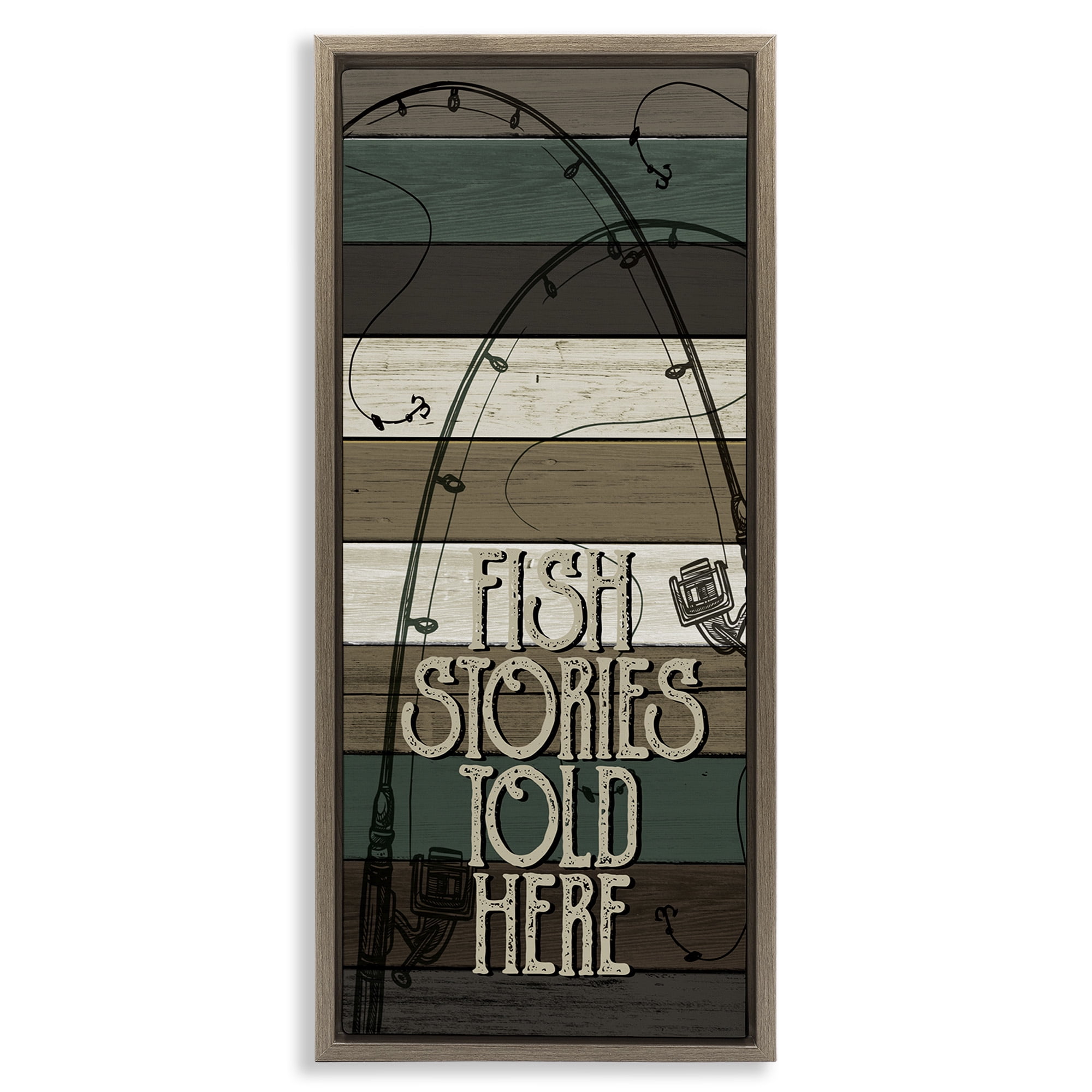 Stupell Industries Rustic Fishing Stories Phrase Inspirational Painting Brown Floater Framed Canvas Art Print Wall Art, 11 x 25