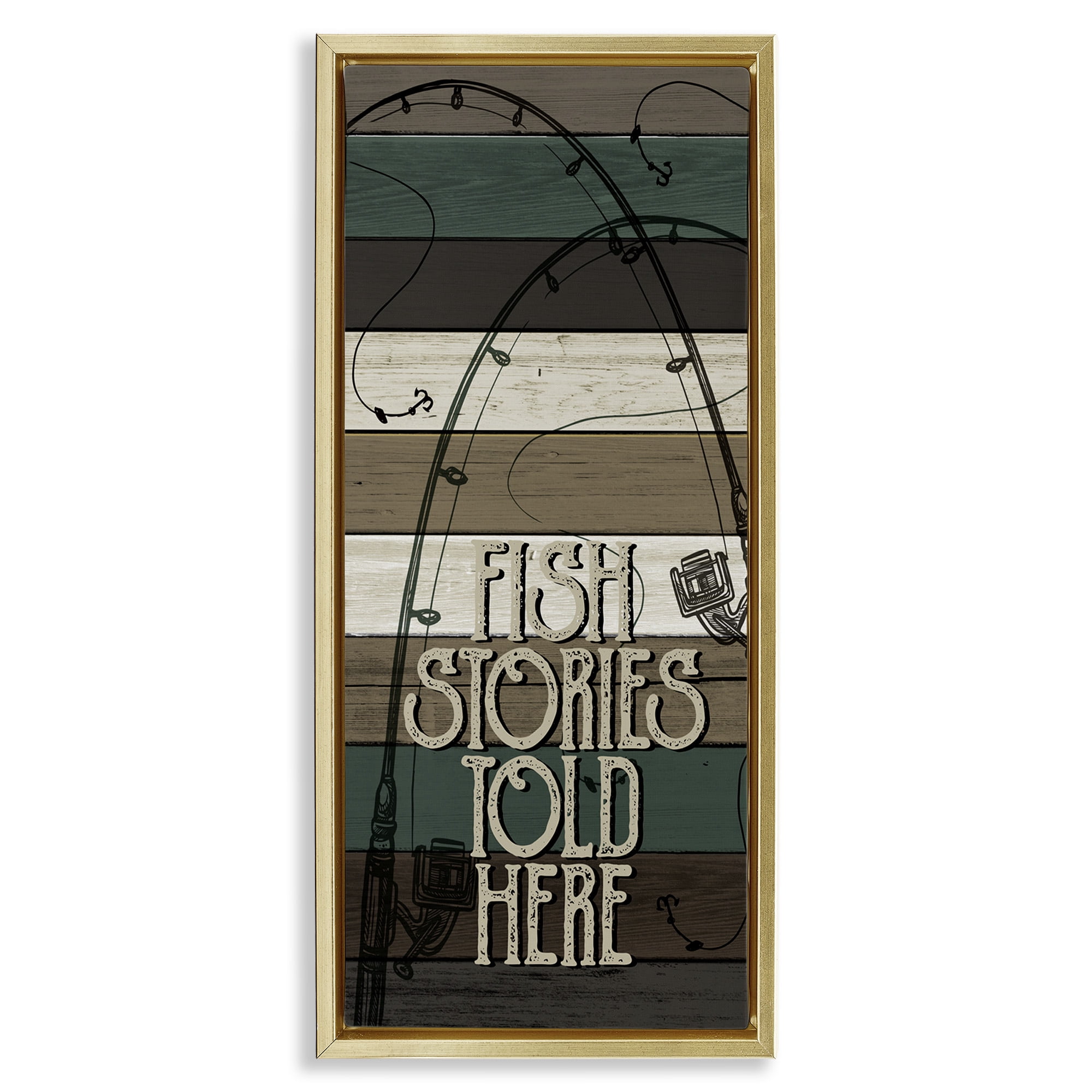 Stupell Industries Rustic Fishing Stories Phrase Inspirational Painting Gold Floater Framed Canvas Art Print Wall Art, 15 x 31