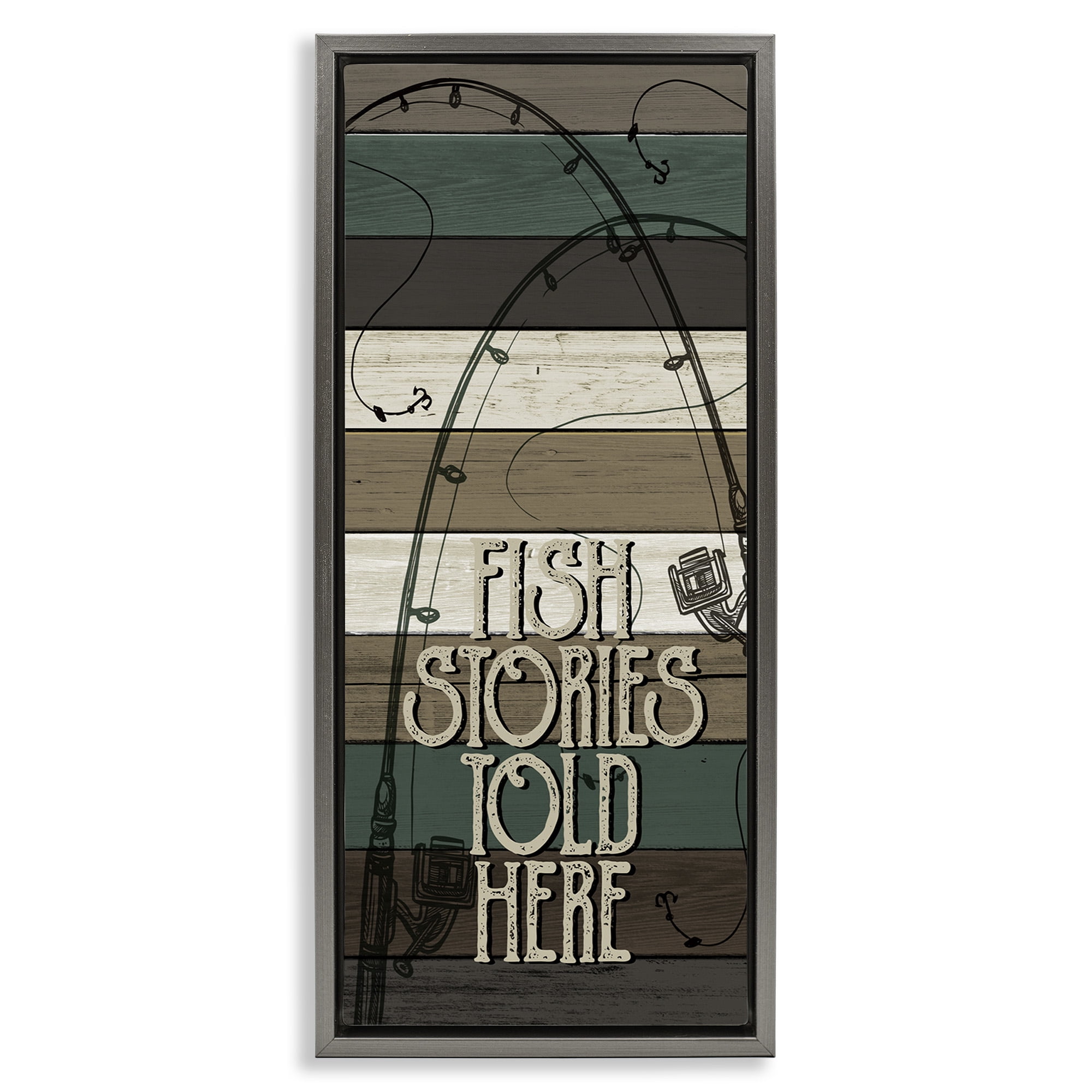 Stupell Industries Rustic Fishing Stories Phrase Inspirational Painting Gray Floater Framed Canvas Art Print Wall Art, 11 x 25