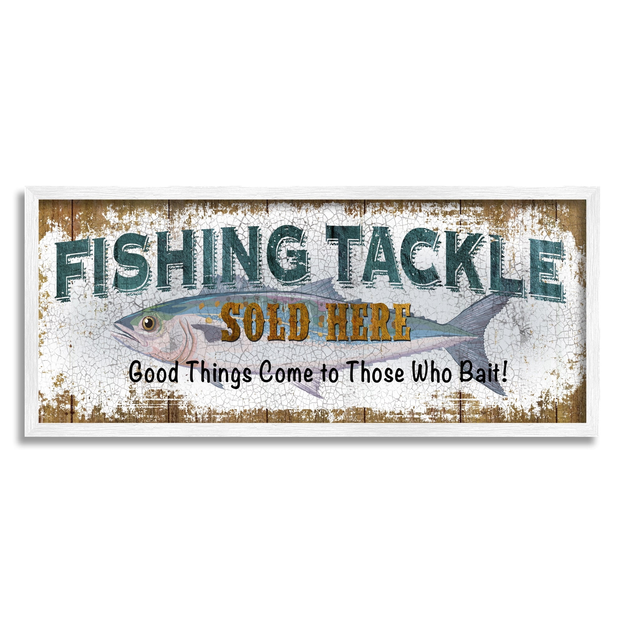 Stupell Industries Rustic Fishing Tackle Sign Those Who Bait Phrase Modern Painting White Framed Art Print Wall Art, 13 x 30, Design by Conrad Knutsen