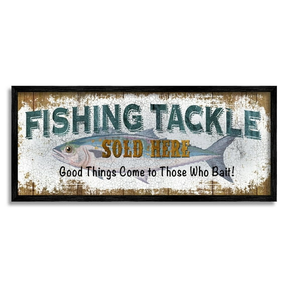 Stupell Industries Rustic Fishing Tackle Sign Those Who Bait Phrase Sports Painting Black Framed Art Print Wall Art, 13 x 30