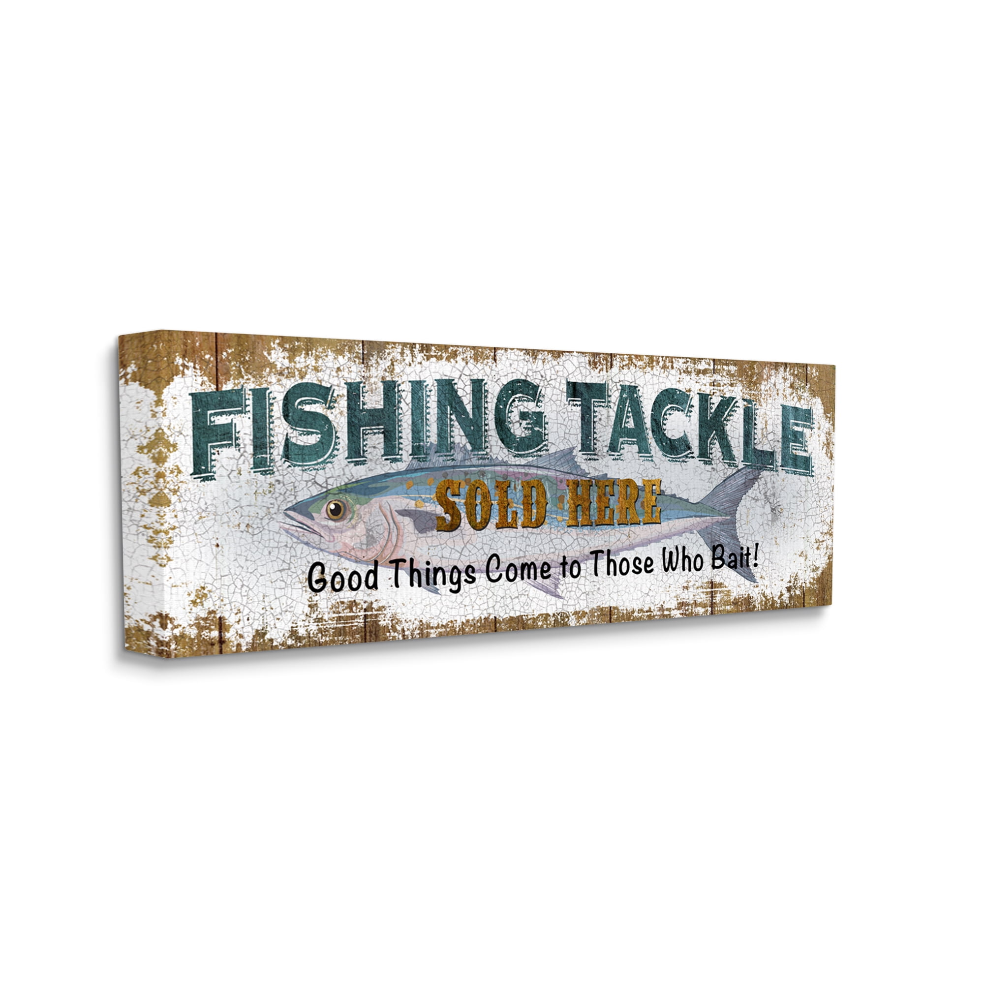 Stupell Industries Rustic Fishing Tackle Sign Those Who Bait Phrase Sports Painting Gallery Wrapped Canvas Print Wall Art, 20 x 48