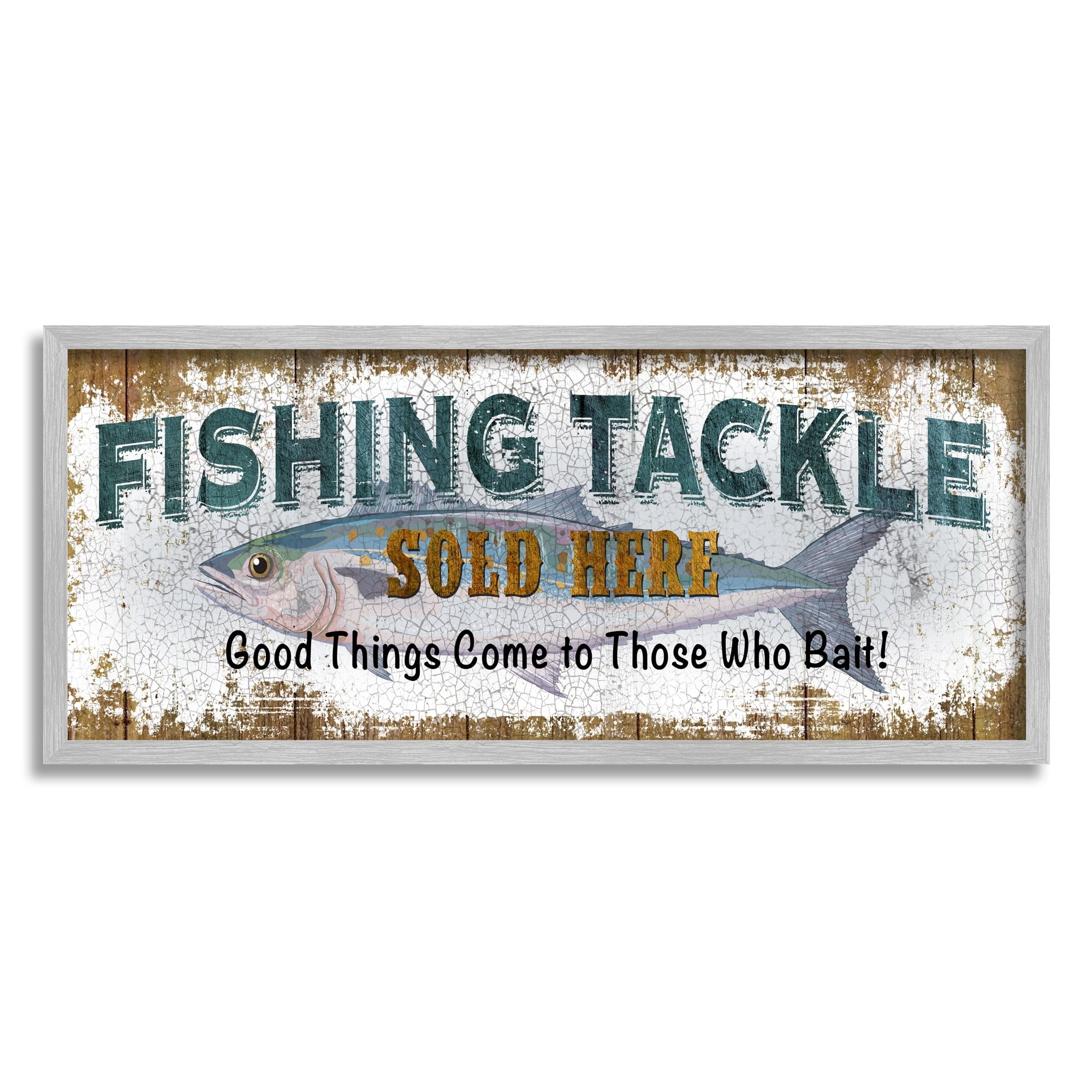 Stupell Industries Rustic Fishing Tackle Sign Those Who Bait Phrase Sports Painting Gray Framed Art Print Wall Art, 10 x 24