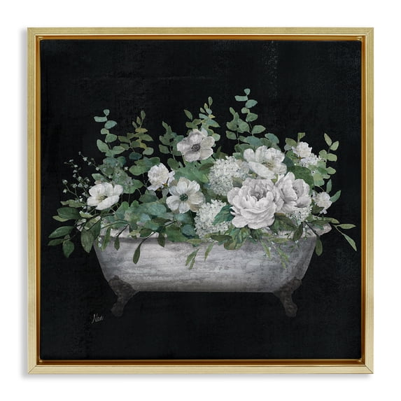 Stupell Industries French Country Rustic Floral Bathtub Gold Floating Frame Canvas Art, 18 x 18, by Nan