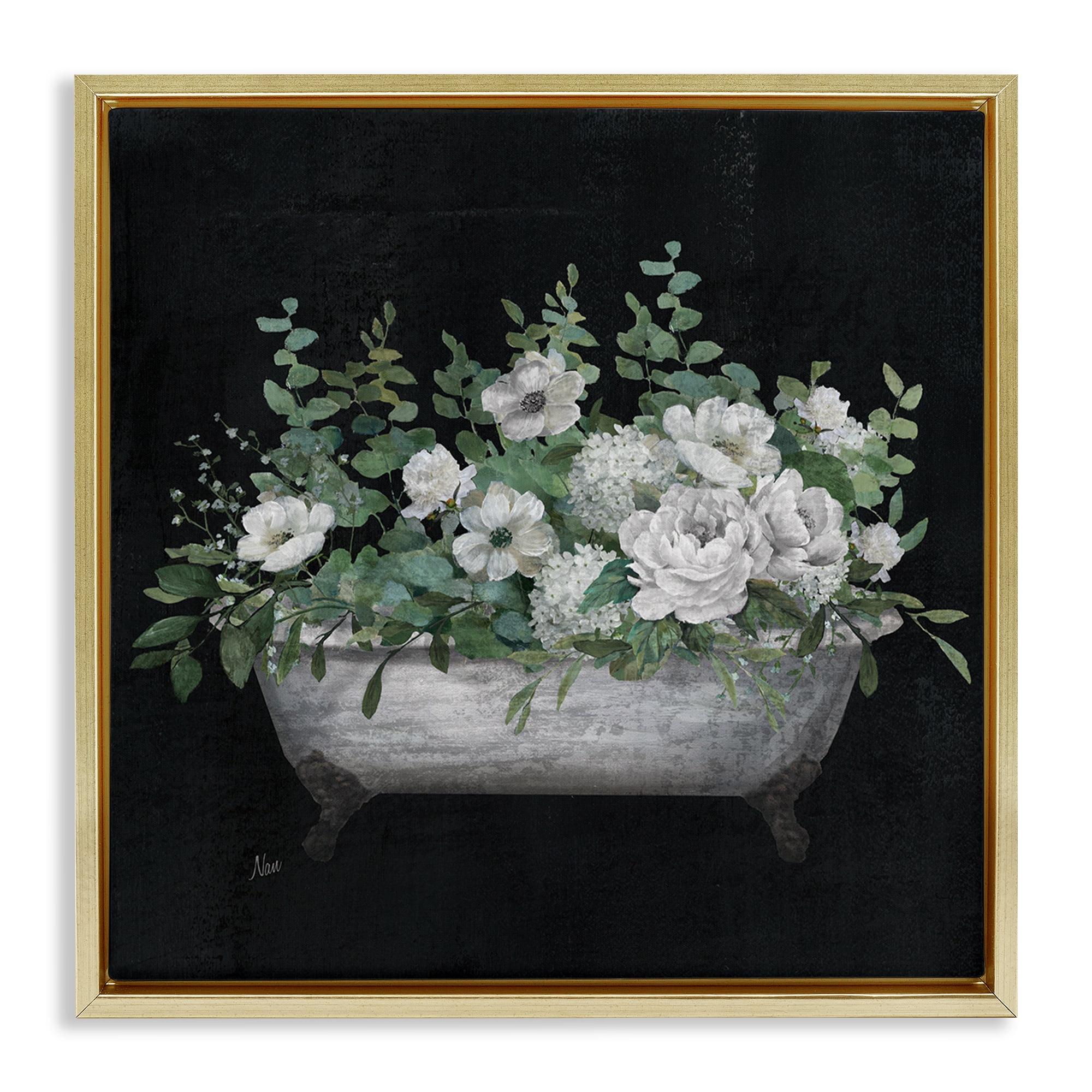 Stupell Industries Rustic Floral Bathtub Typography Painting Gold Floater Framed Canvas Art Print Wall Art, 25 x 25