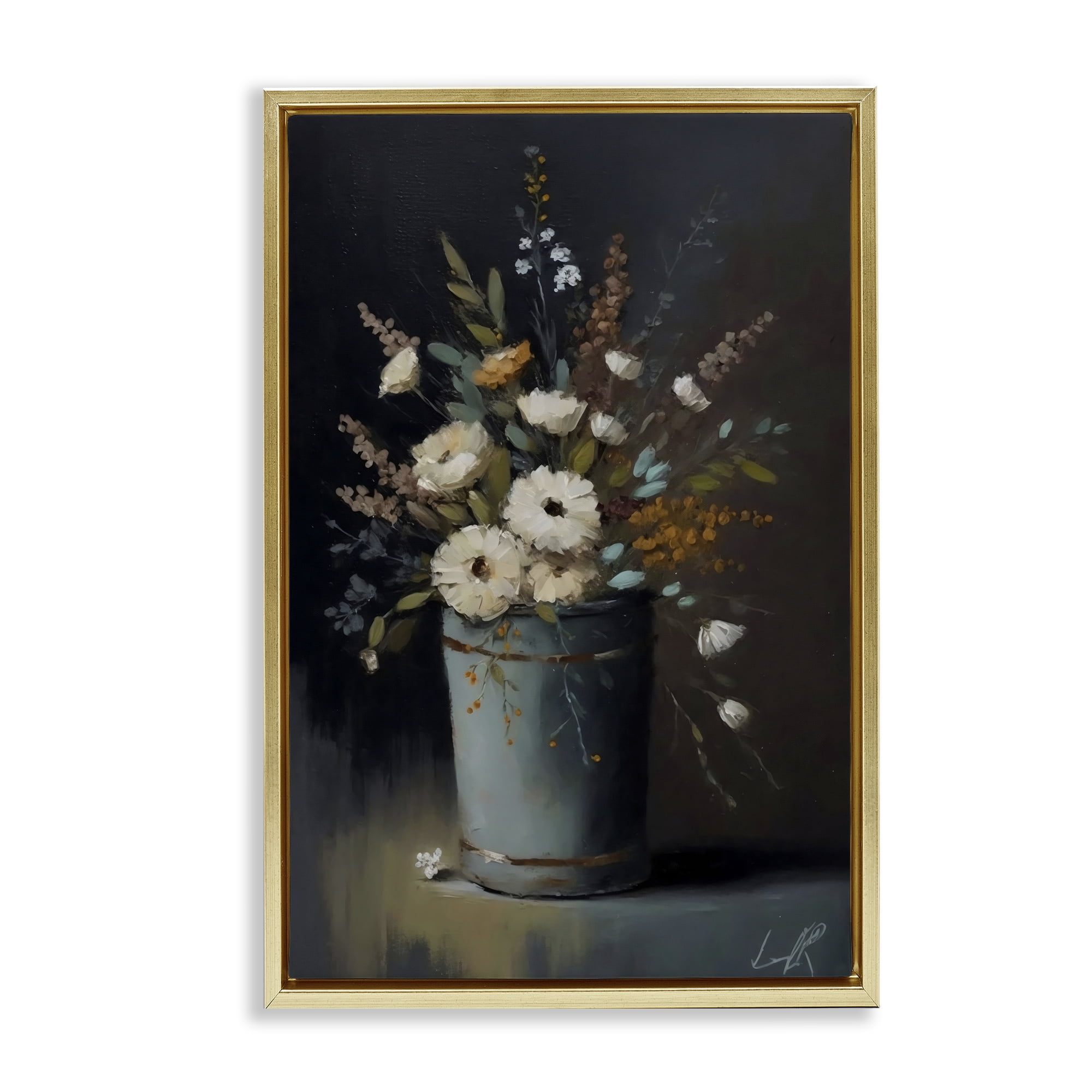 Stupell Industries Rustic Floral Bouquet Bucket Gold Framed Floater Canvas Wall Art, design by Creative Studio