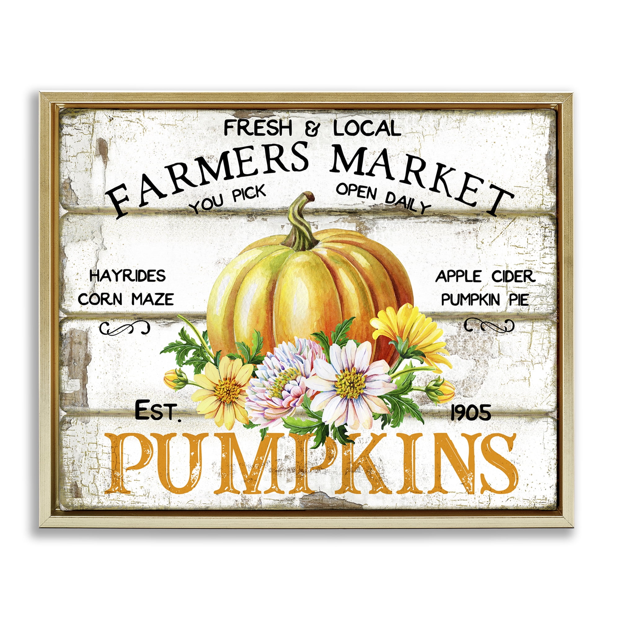 Stupell Industries Rustic & Floral Farm Market Holiday Painting Gold Floater Framed Canvas Art Prints Wall Art, 21 x 17