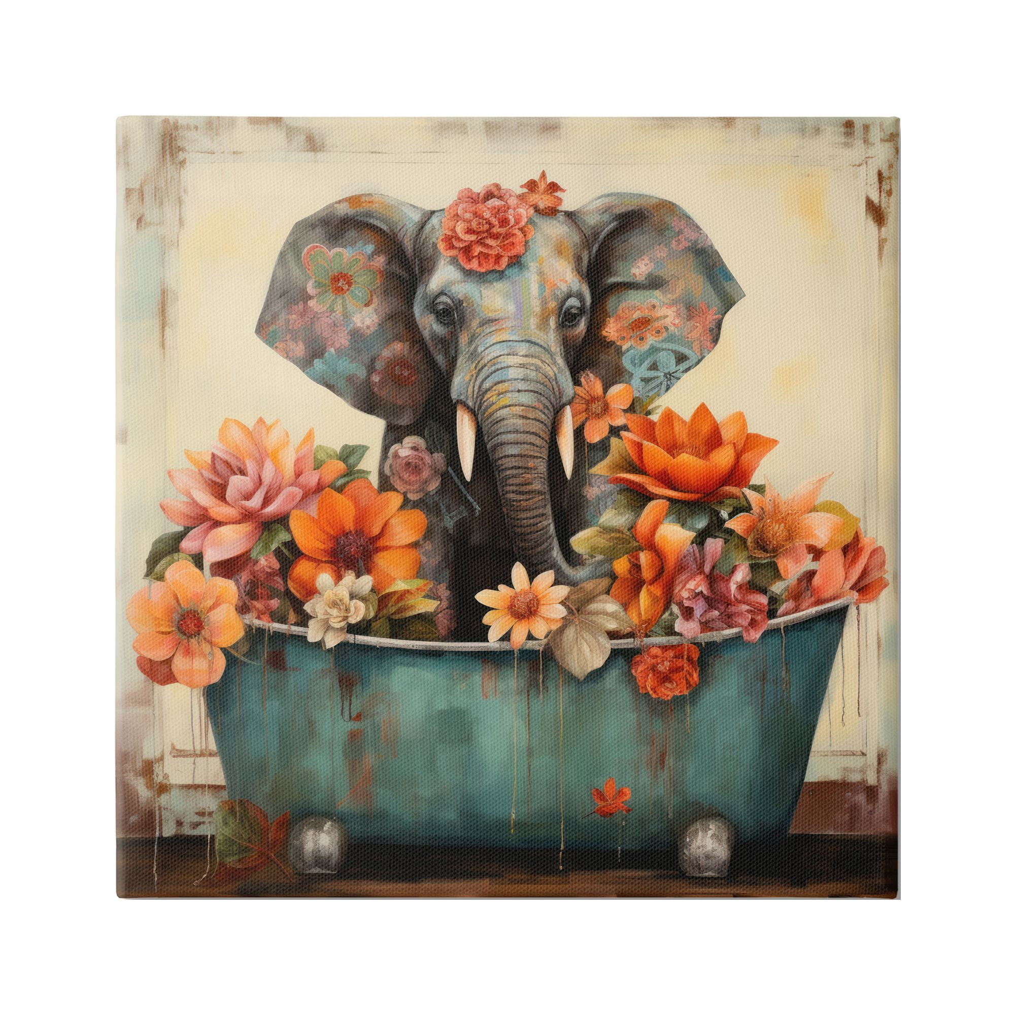 Stupell Industries Rustic Floral Tub Elephant Animals & Insects Painting Gallery Wrapped Canvas Art Print Wall Art, 30 x 30