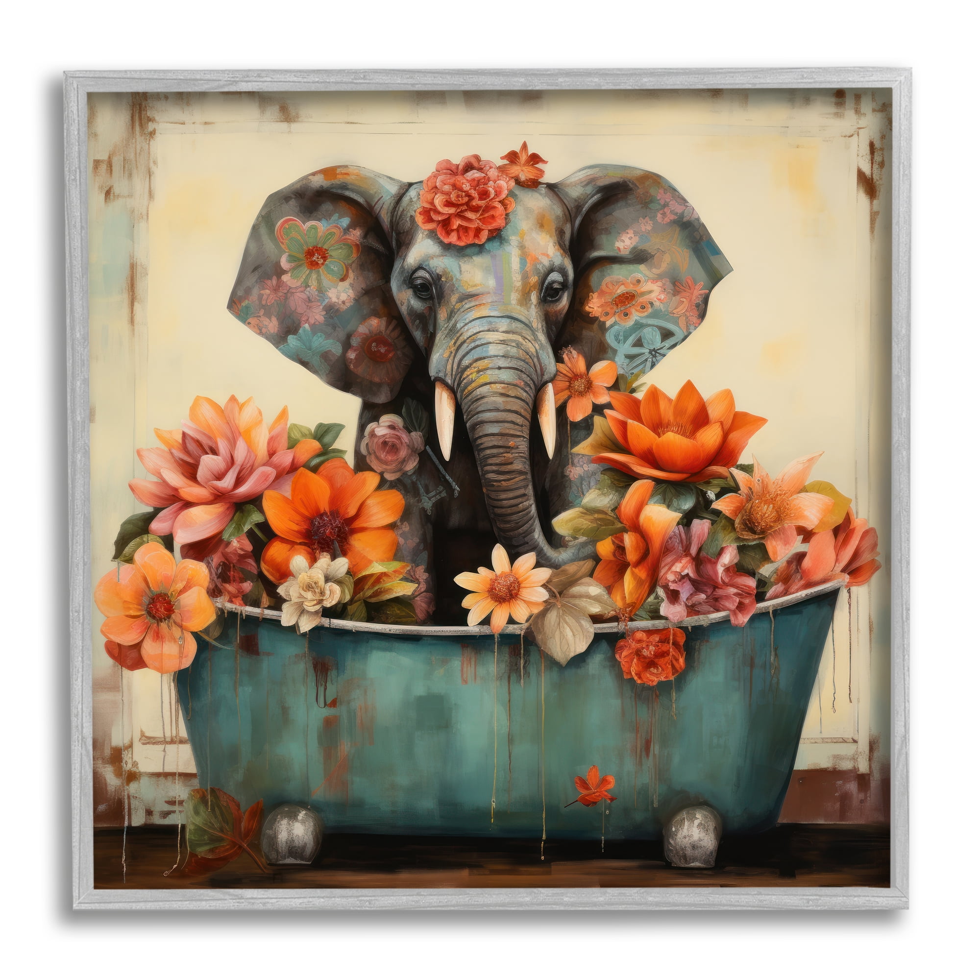 Stupell Industries Rustic Floral Tub Elephant Animals & Insects Painting Gray Framed Art Print Wall Art, 12 x 12