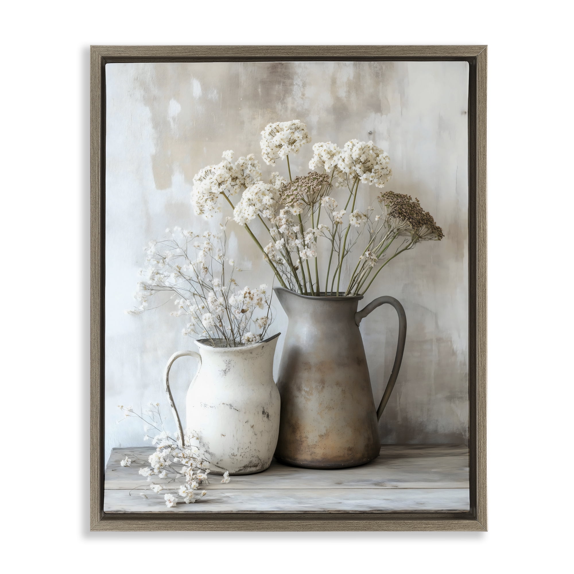 Stupell Industries Rustic Flower Arrangement in Pitchers Brown Framed Floater Canvas Wall Art, design by Creative Studio