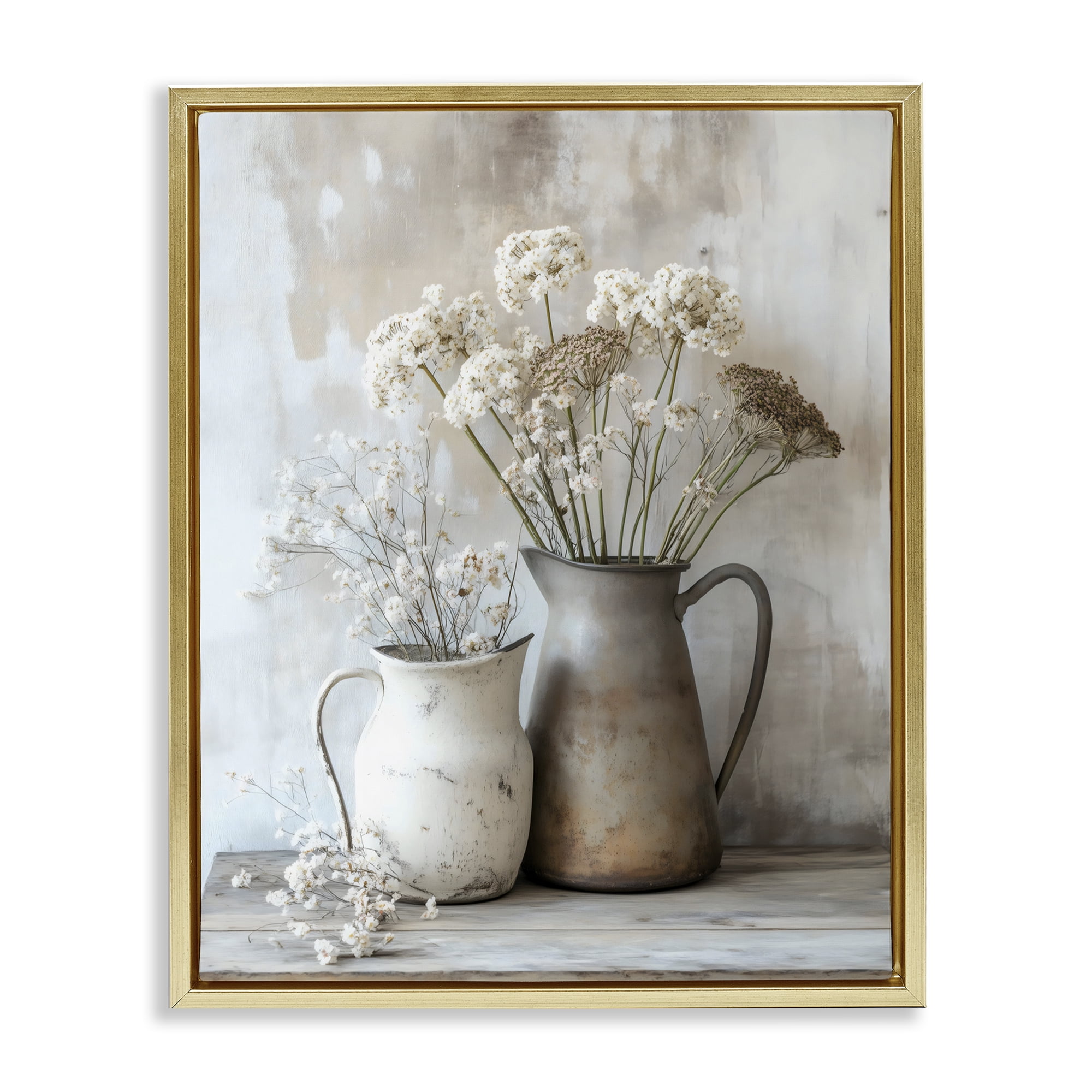 Stupell Industries Rustic Flower Arrangement in Pitchers Gold Framed Floater Canvas Wall Art, design by Creative Studio
