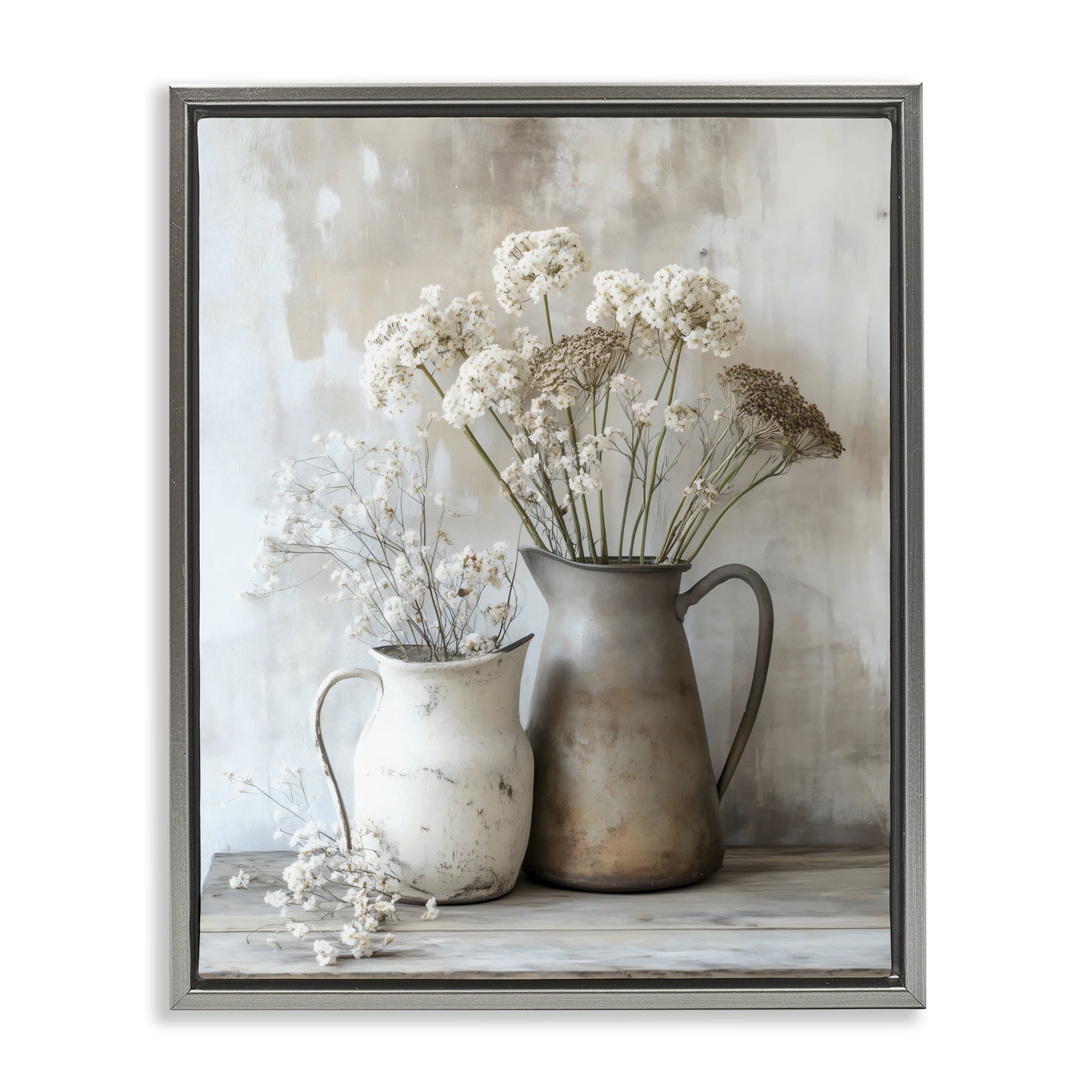 Stupell Industries Rustic Flower Arrangement in Pitchers Gray Framed Floater Canvas Wall Art, design by Creative Studio