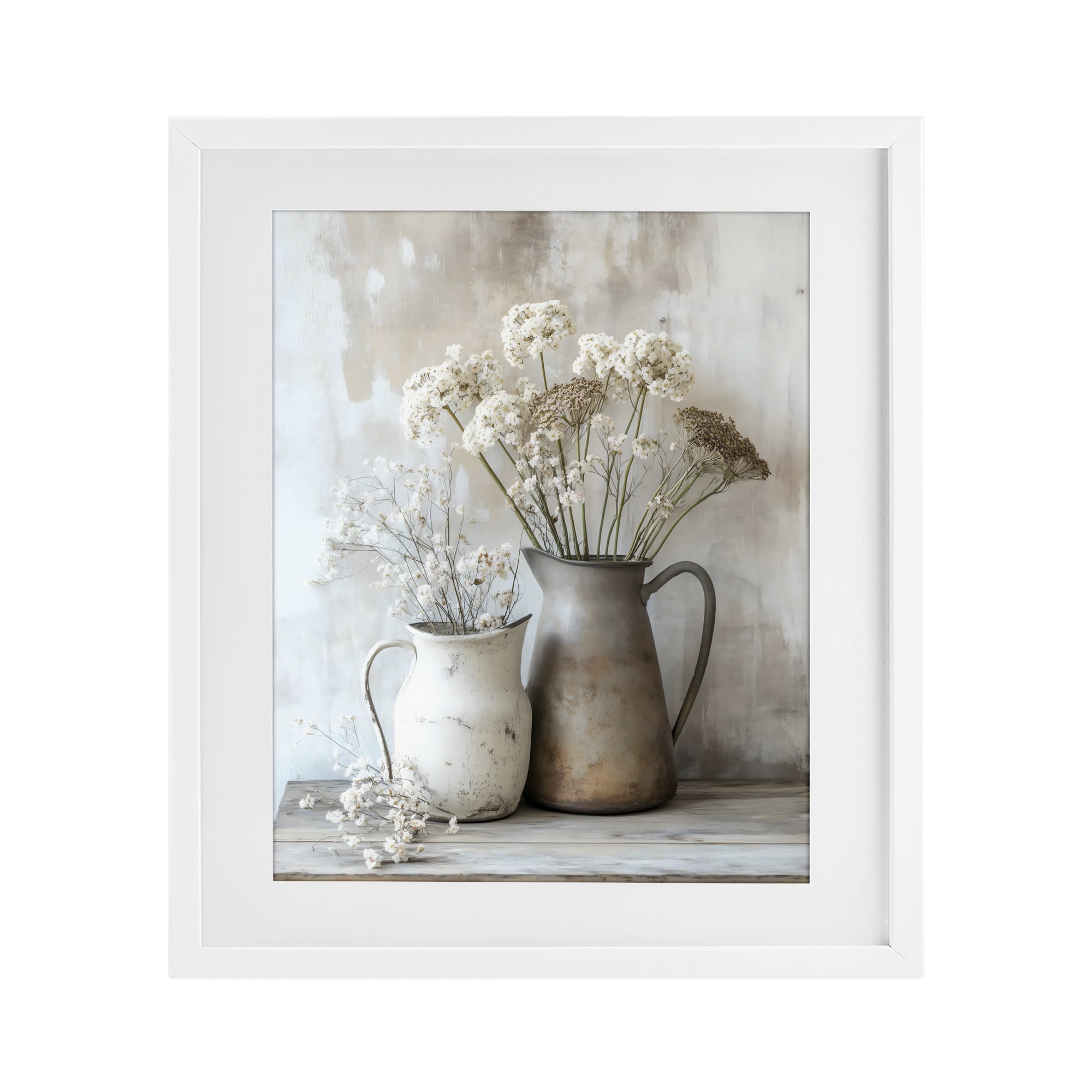 Stupell Industries Rustic Flower Arrangement in Pitchers White Framed Print Under Glass, design by Creative Studio