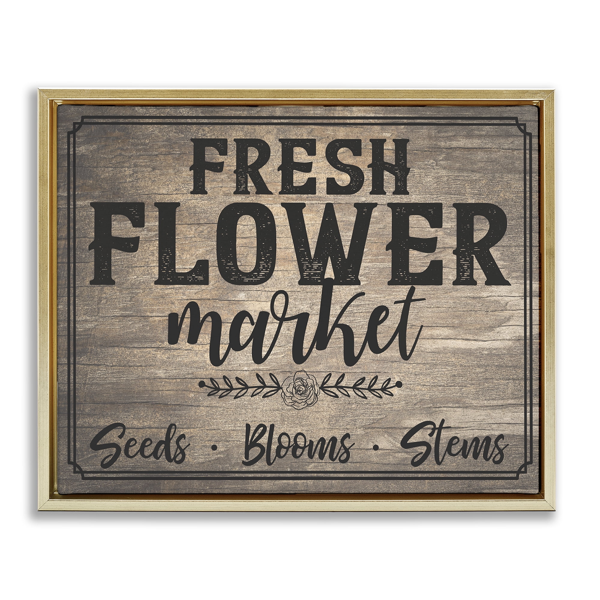 Stupell Industries Rustic Flower Market Text & Numbers Painting Gold Floater Framed Canvas Art Print Wall Art, 21 x 17