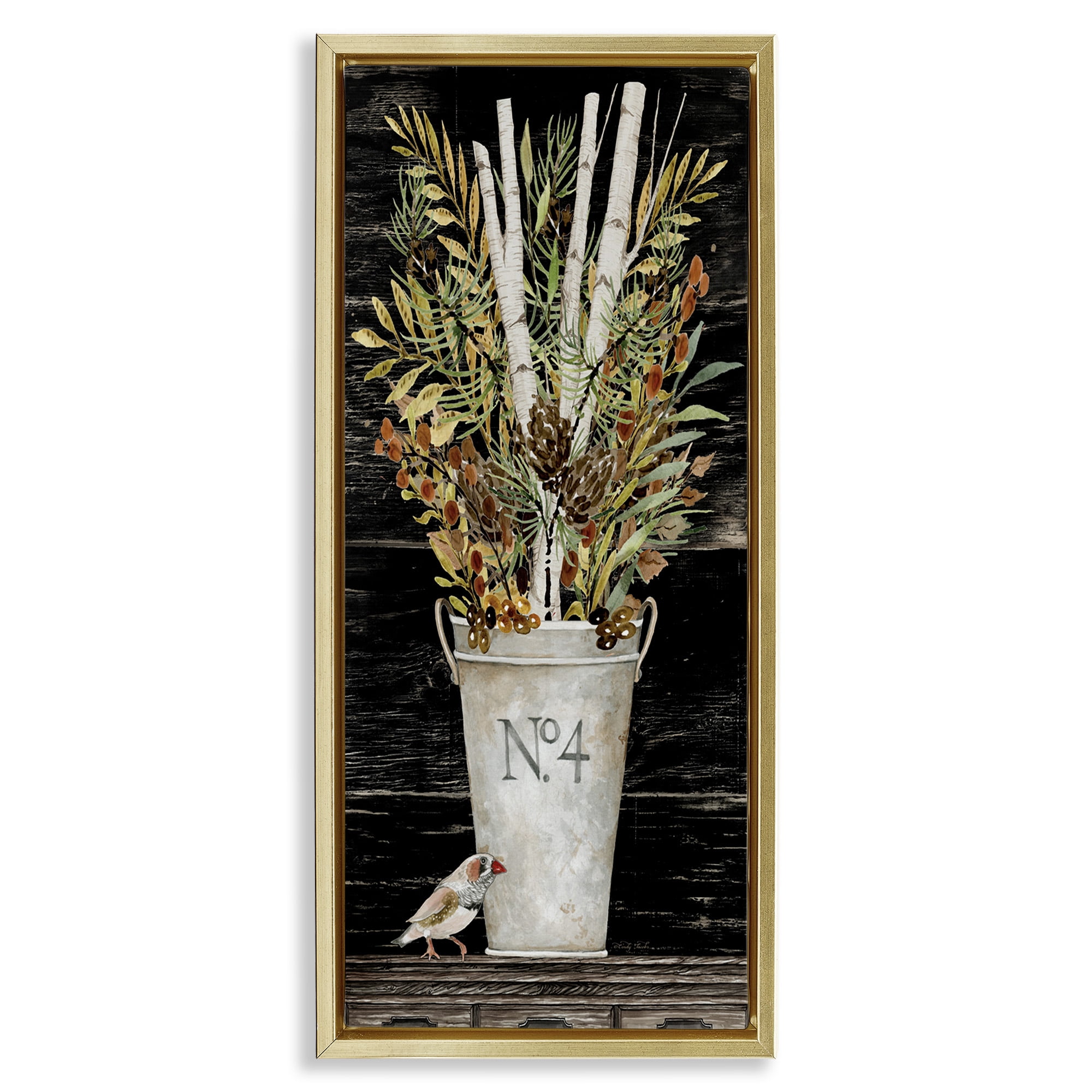 Stupell Industries Rustic Forest Greenery Bouquet Botanical & Floral Painting Gold Floater Framed Canvas Art Print Wall Art, 15 x 31