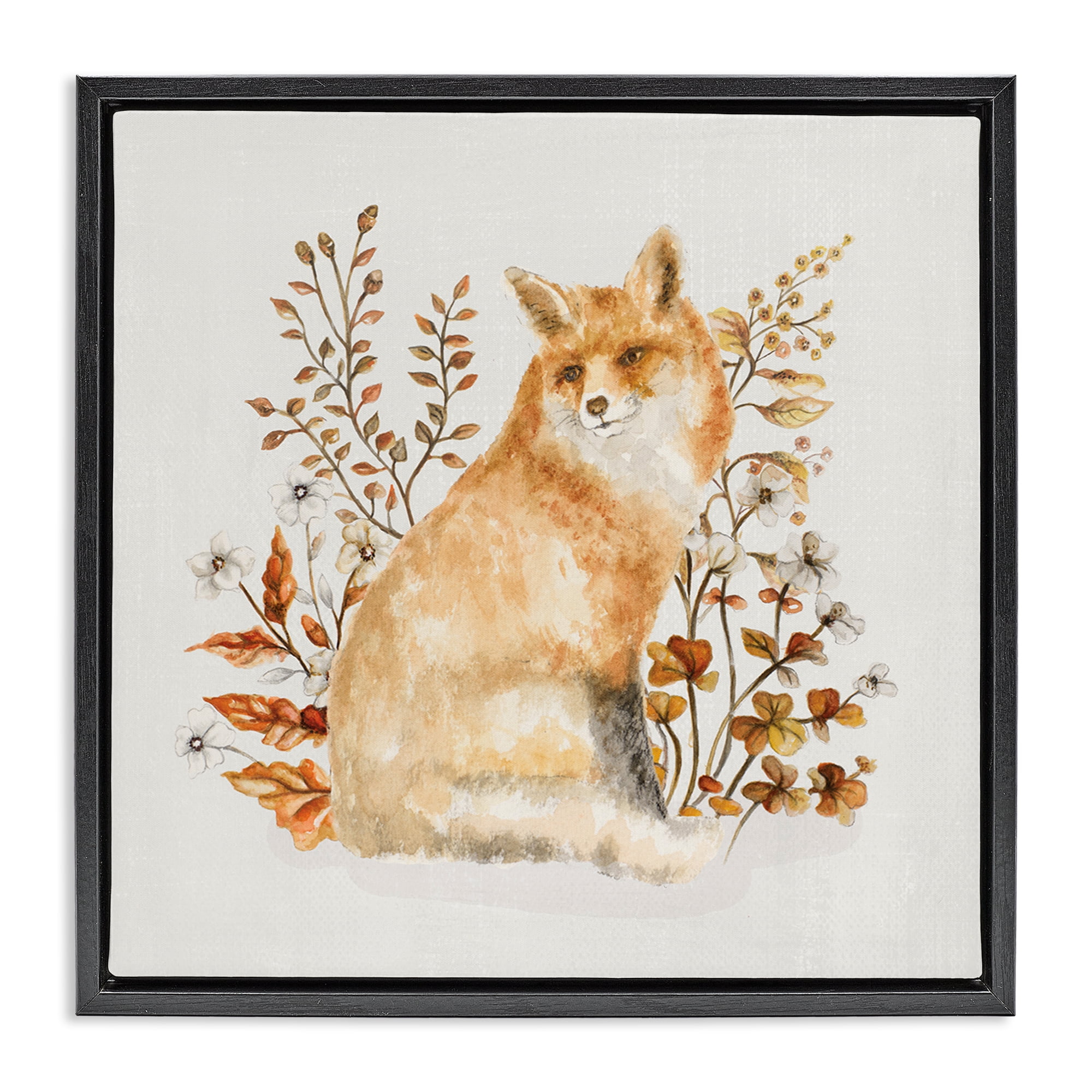 Stupell Industries Rustic Fox & Botanicals Animals & Insects Painting Black Floater Framed Canvas Art Print Wall Art, 25 x 25
