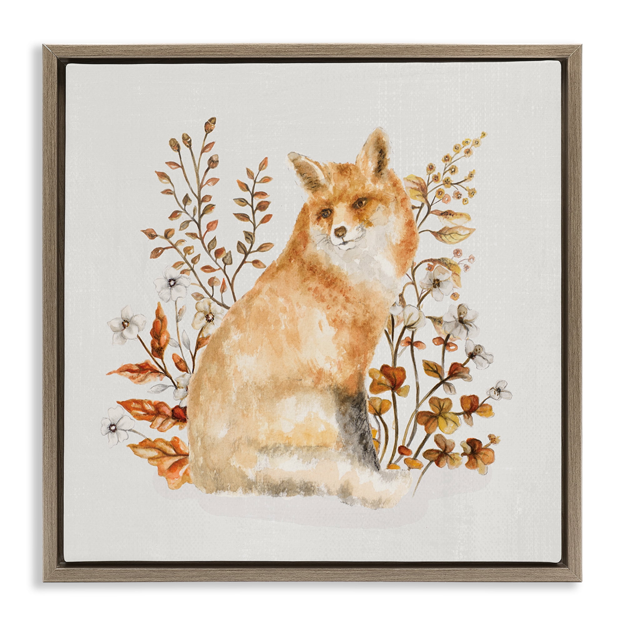 Stupell Industries Rustic Fox & Botanicals Animals & Insects Painting Brown Floater Framed Canvas Art Print Wall Art, 18 x 18