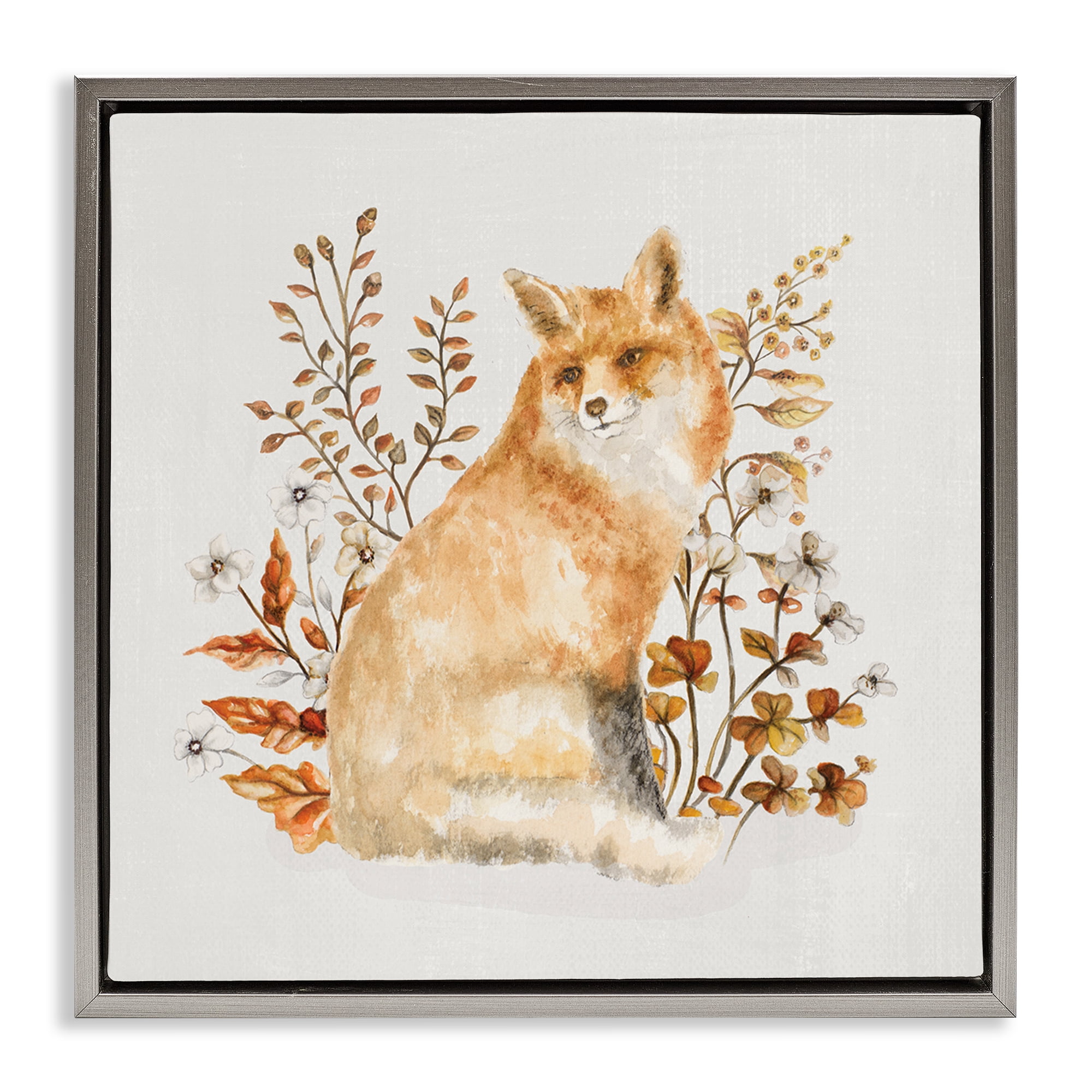 Stupell Industries Rustic Fox & Botanicals Animals & Insects Painting Gray Floater Framed Canvas Art Print Wall Art, 25 x 25