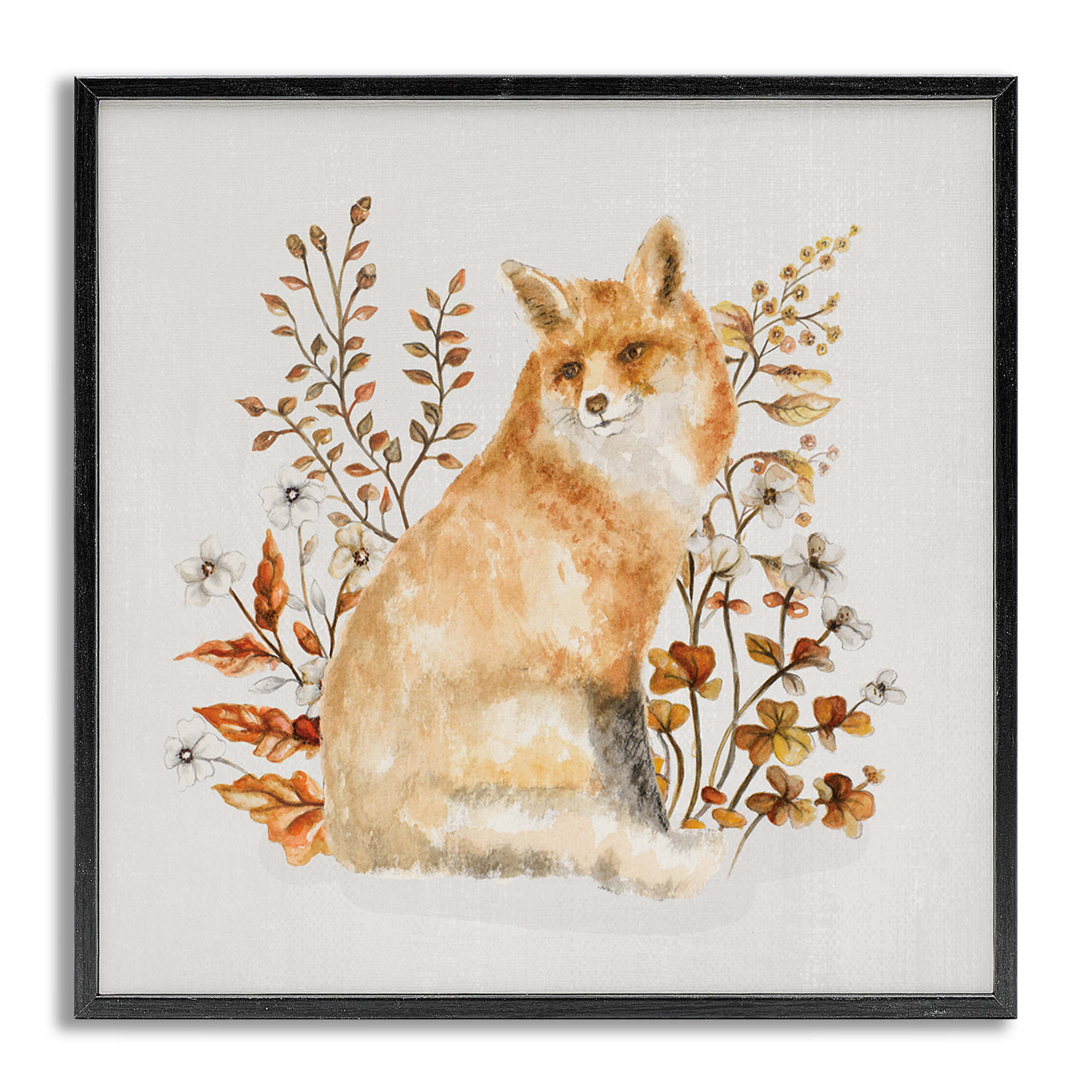 Stupell Industries Rustic Fox & Botanicals Animals & Insects Painting Gray Framed Art Print Wall Art, 12 x 12