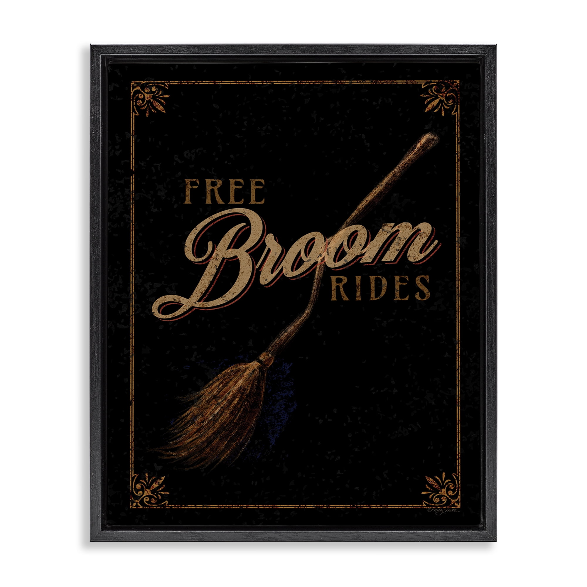 Stupell Industries Rustic Free Broom Rides Holiday Painting Black Floater Framed Art Print Wall Art, 25 x 31