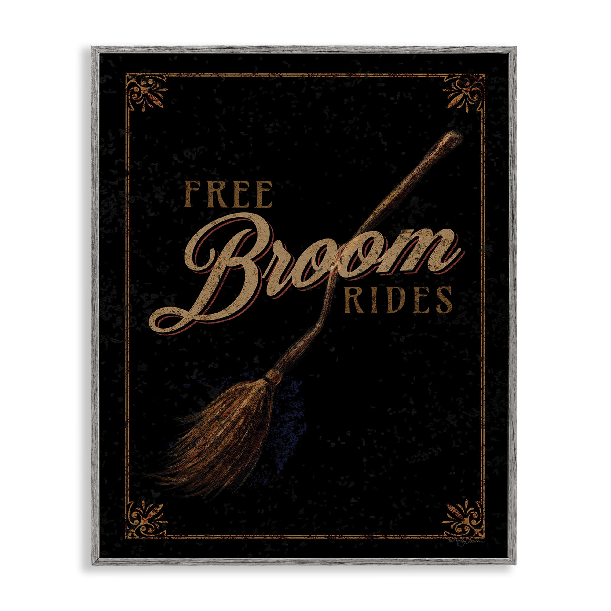 Stupell Industries Rustic Free Broom Rides Holiday Painting Gray Framed Art Print Wall Art, 11 x 14