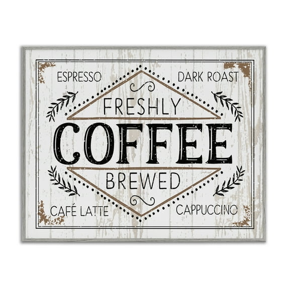 Stupell Industries Rustic Fresh Brew Coffee Sign Autumn Charm Gray Framed by Jennifer Pugh