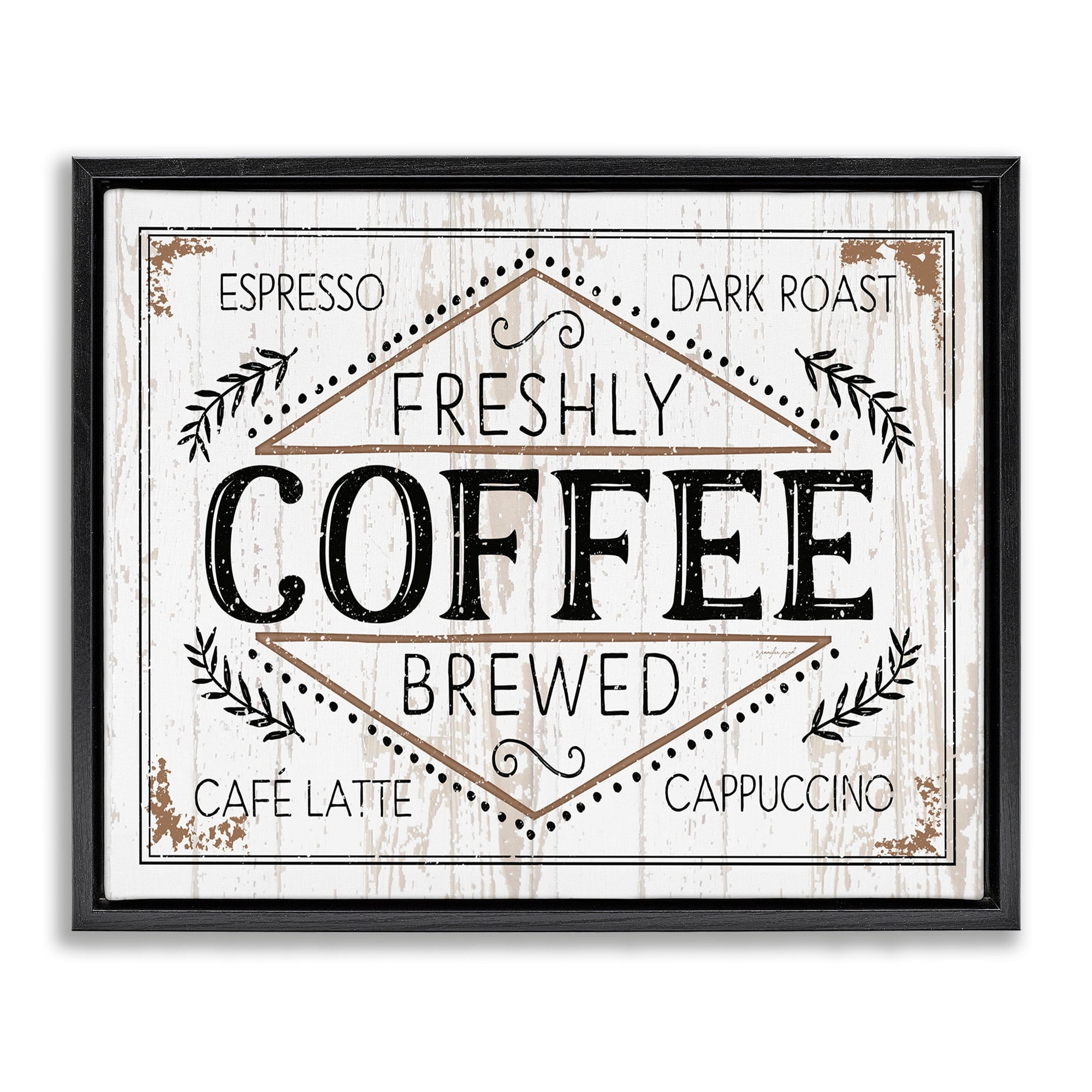 Stupell Industries Rustic Fresh Brew Coffee Sign Autumn Charm Jet Black Framed Floating Canvas Wall Art, 24x30, by Jennifer Pugh