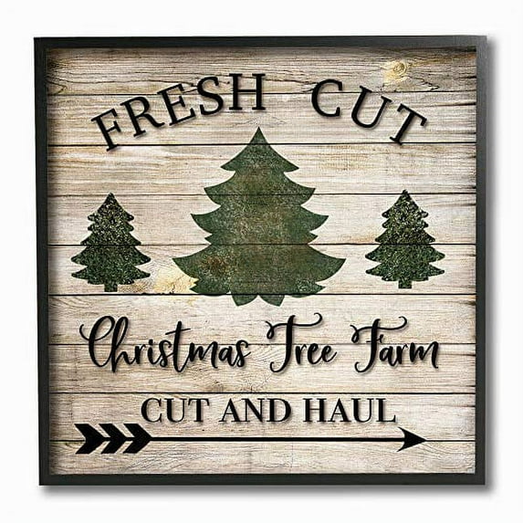 Stupell Industries Rustic Fresh Cut Tree Christmas Sign Green Brown Graphic Art Black Framed Art Print Wall Art, 12x12, by Ashley Burton