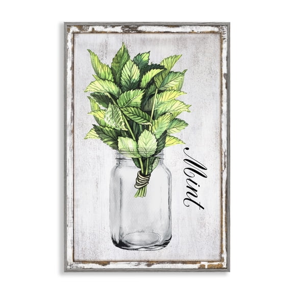 Stupell Industries Rustic Garden Mint Plants & Flowers Painting Gray Framed Art Print Wall Art, 16 x 24