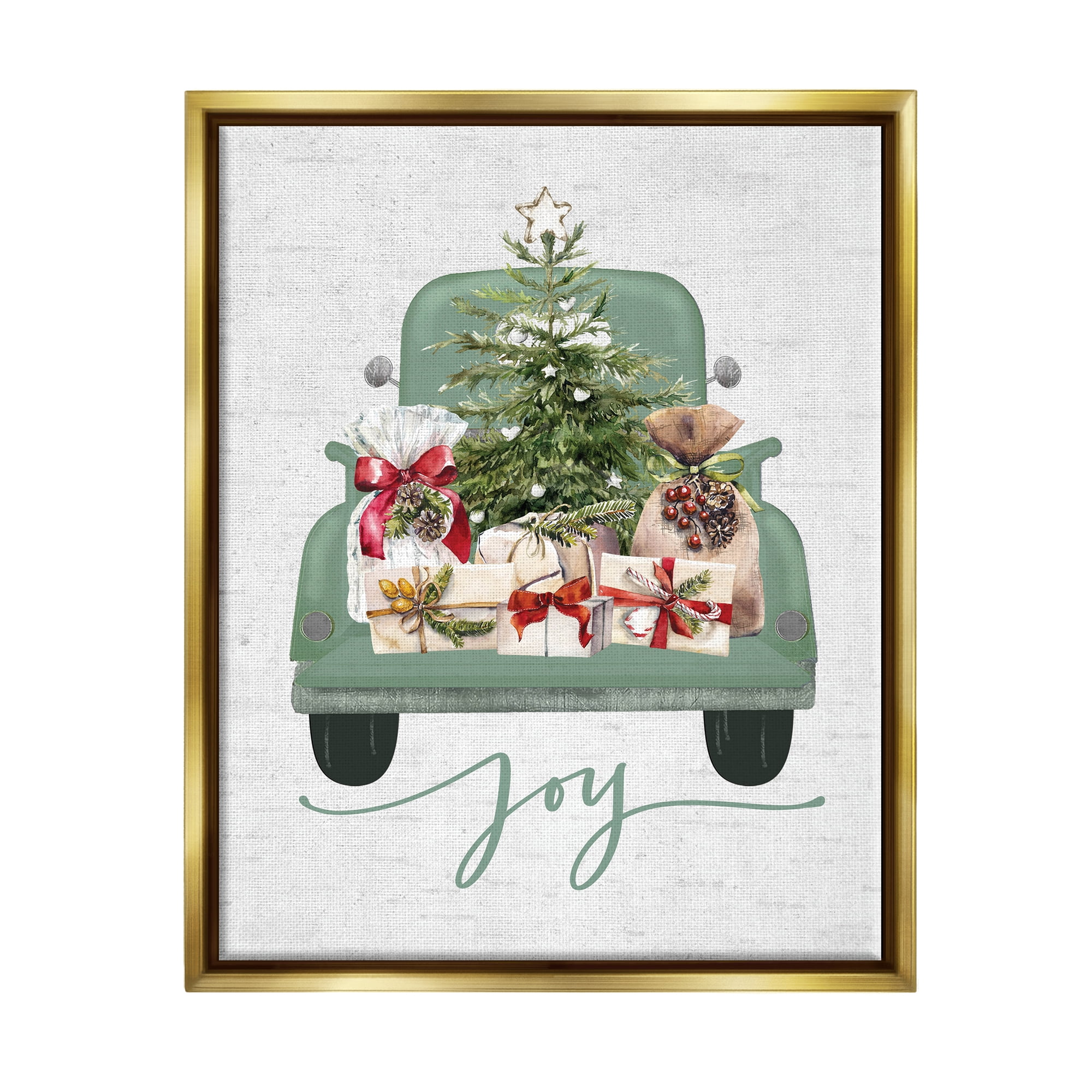 Stupell Industries Rustic Gift Truck with Joy Holiday Painting Gold Floater Framed Canvas Art Print Wall Art, 25 x 31