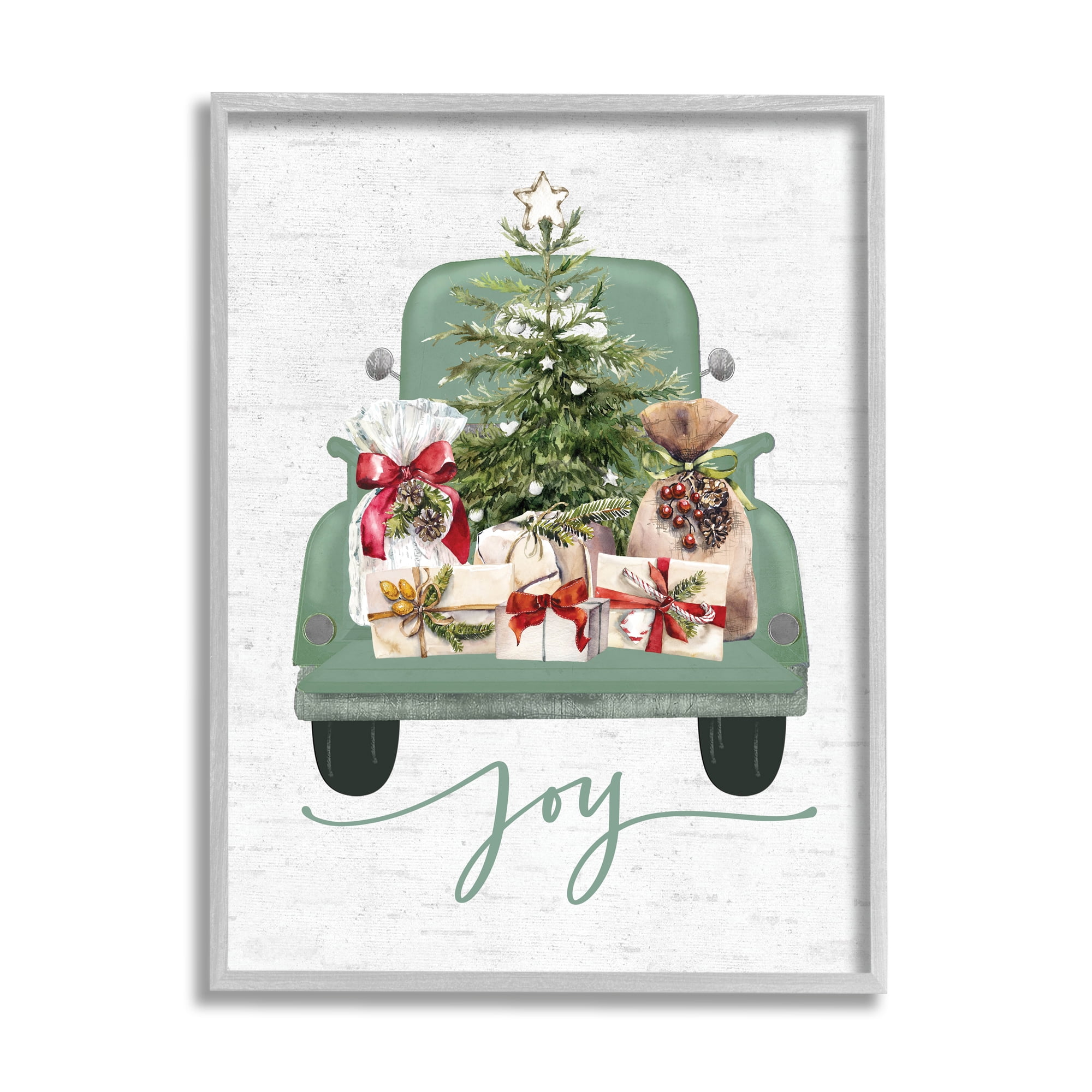 Stupell Industries Rustic Gift Truck with Joy Holiday Painting Gray Framed Art Print Wall Art, 11 x 14