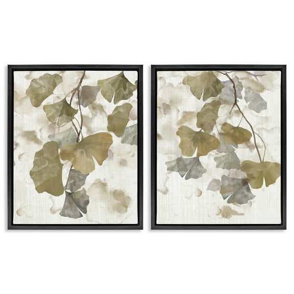 Stupell Industries Rustic Gingko Leaves Botanical & Floral Painting Black Floater Framed Canvas Art Print Wall Art, 17 x 21, Set of 2