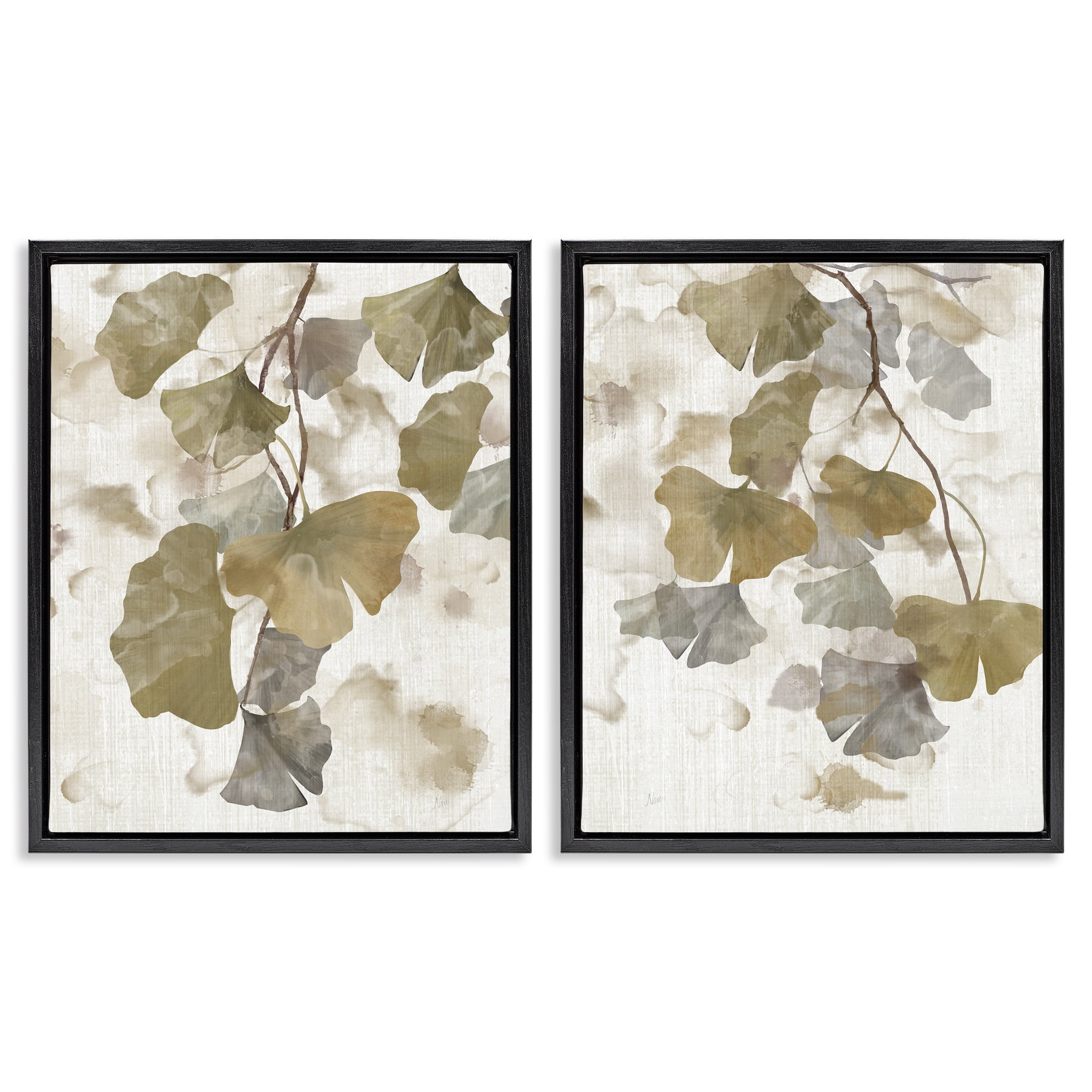 Stupell Industries Rustic Gingko Leaves Botanical & Floral Painting Black Floater Framed Canvas Art Print Wall Art, 25 x 31, Set of 2