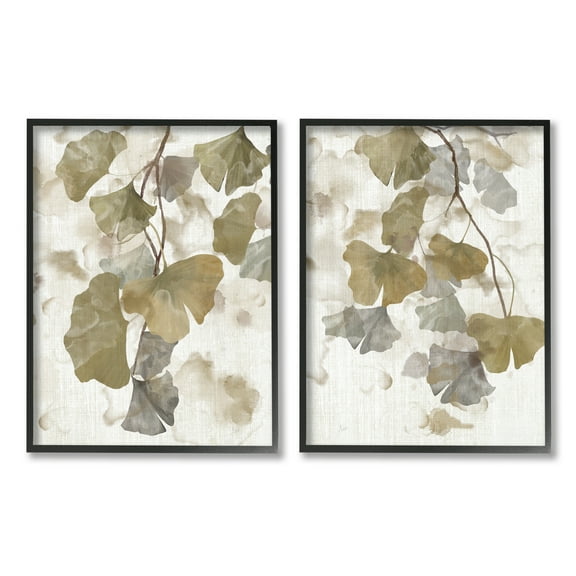 Stupell Industries Rustic Gingko Leaves Botanical & Floral Painting Black Framed Art Print Wall Art, 11 x 14, Set of 2