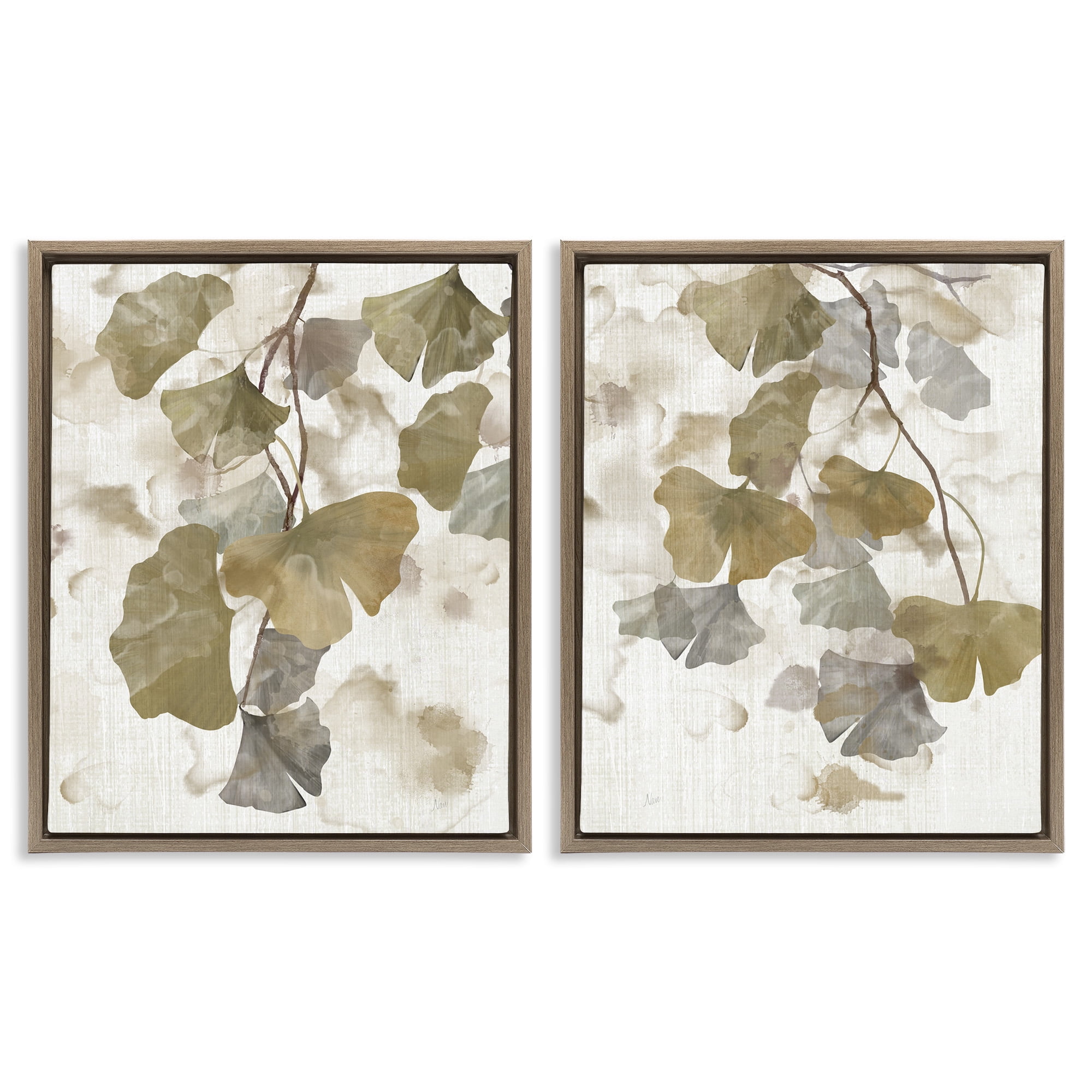 Stupell Industries Rustic Gingko Leaves Botanical & Floral Painting Brown Floater Framed Canvas Art Print Wall Art, 17 x 21, Set of 2