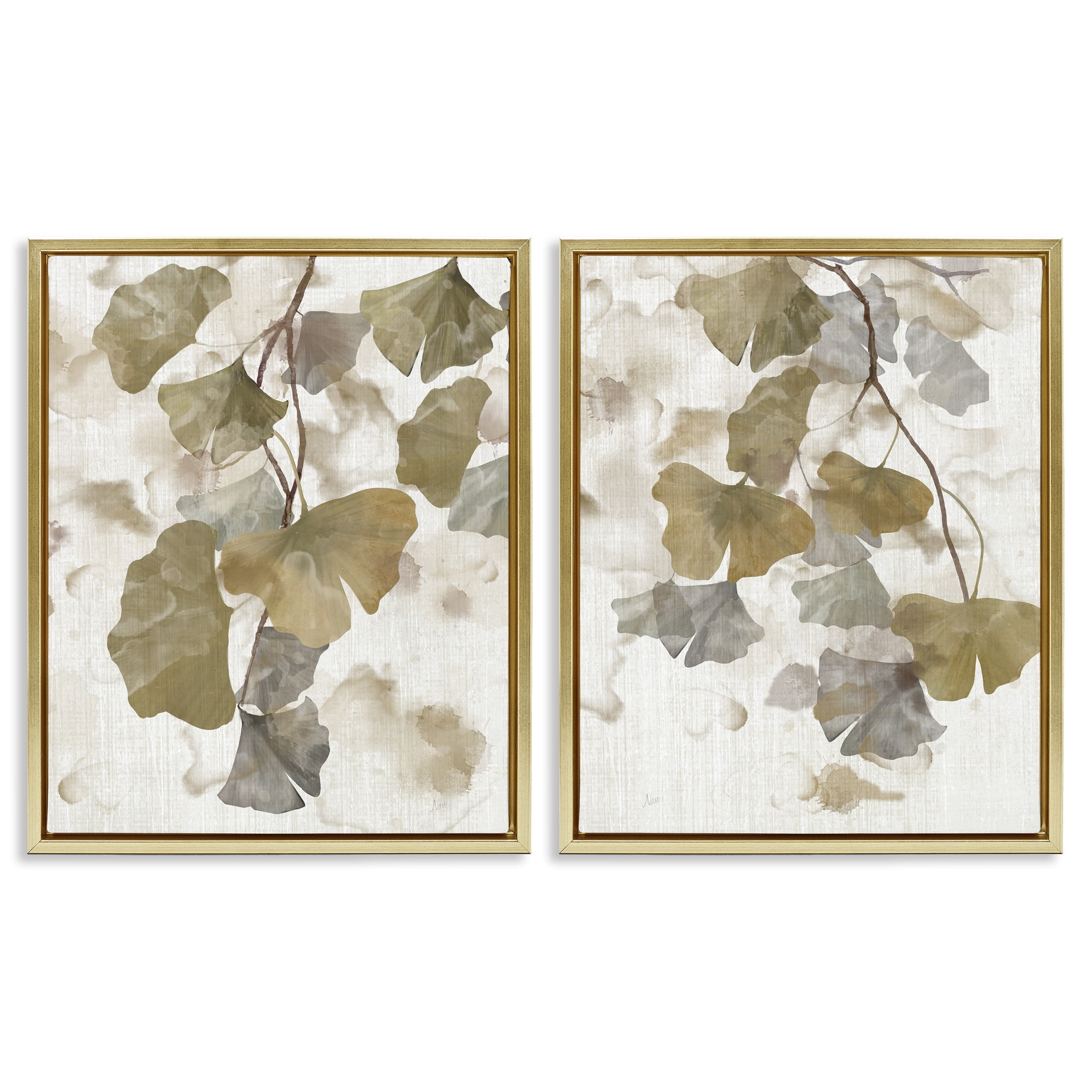 Stupell Industries Rustic Gingko Leaves Botanical & Floral Painting Gold Floater Framed Canvas Art Print Wall Art, 25 x 31, Set of 2