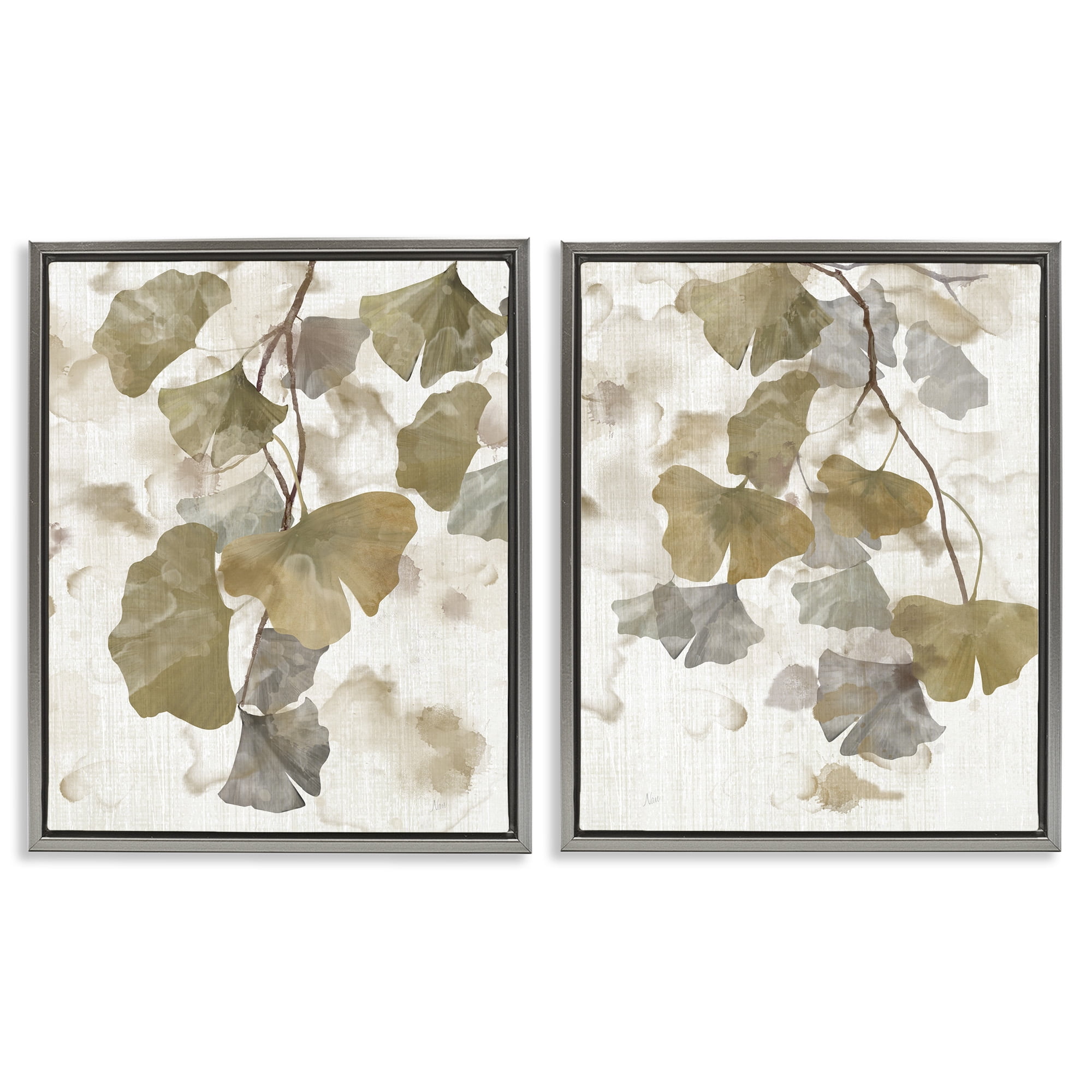 Stupell Industries Rustic Gingko Leaves Botanical & Floral Painting Gray Floater Framed Canvas Art Print Wall Art, 17 x 21, Set of 2