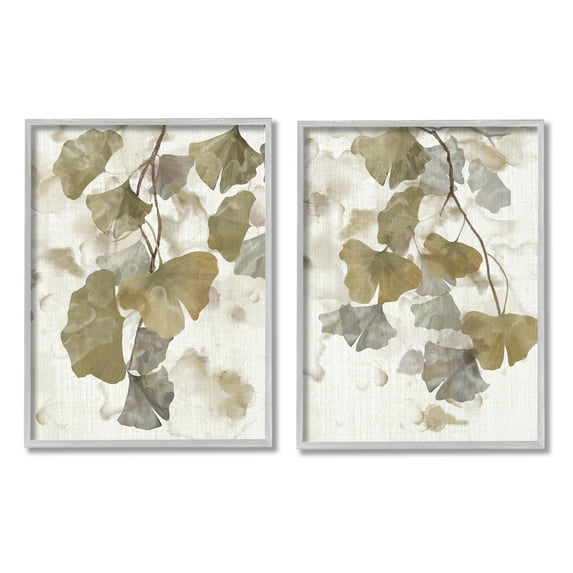 Stupell Industries Rustic Gingko Leaves Botanical & Floral Painting Gray Framed Art Print Wall Art, 24 x 30, Set of 2